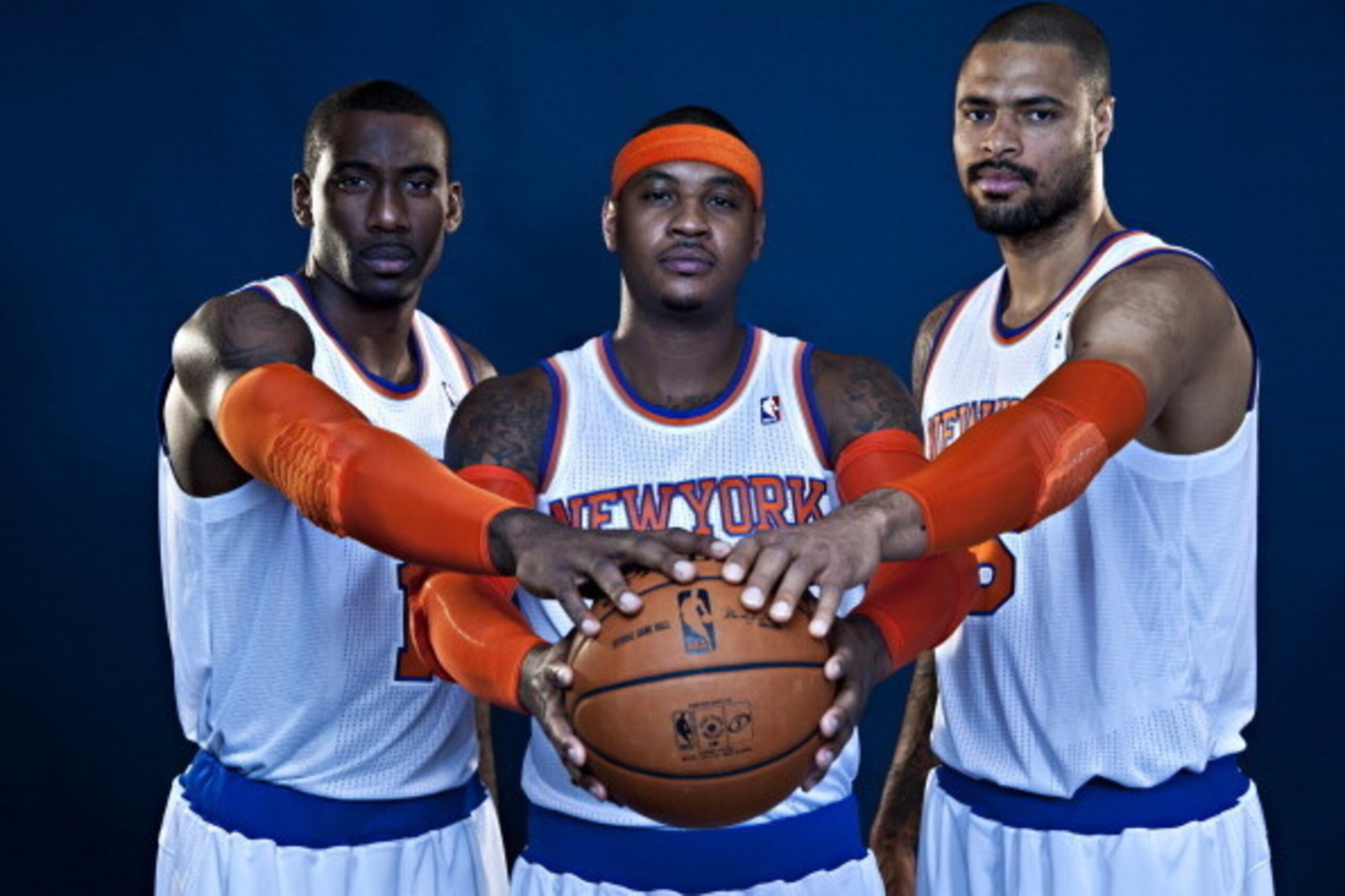 GREENBURGH, NY - OCTOBER 1: Amar'e Stoudemire #1, Carmelo Anthony #7 and Tyson Chandler #6 of the New York Knicks poses for a portrait during Media Day on October 1, 2012 at the Knicks Training Facility in Greeburgh, New York.  NOTE TO USER: User expressl