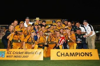 BRIDGETOWN, BARBADOS - APRIL 28:  The Australian team celebrate victory after the ICC Cricket World Cup Final between Australia and Sri Lanka at the Kensington Oval on April 28, 2007 in Bridgetown, Barbados.  (Photo by Shaun Botterill/Getty Images)