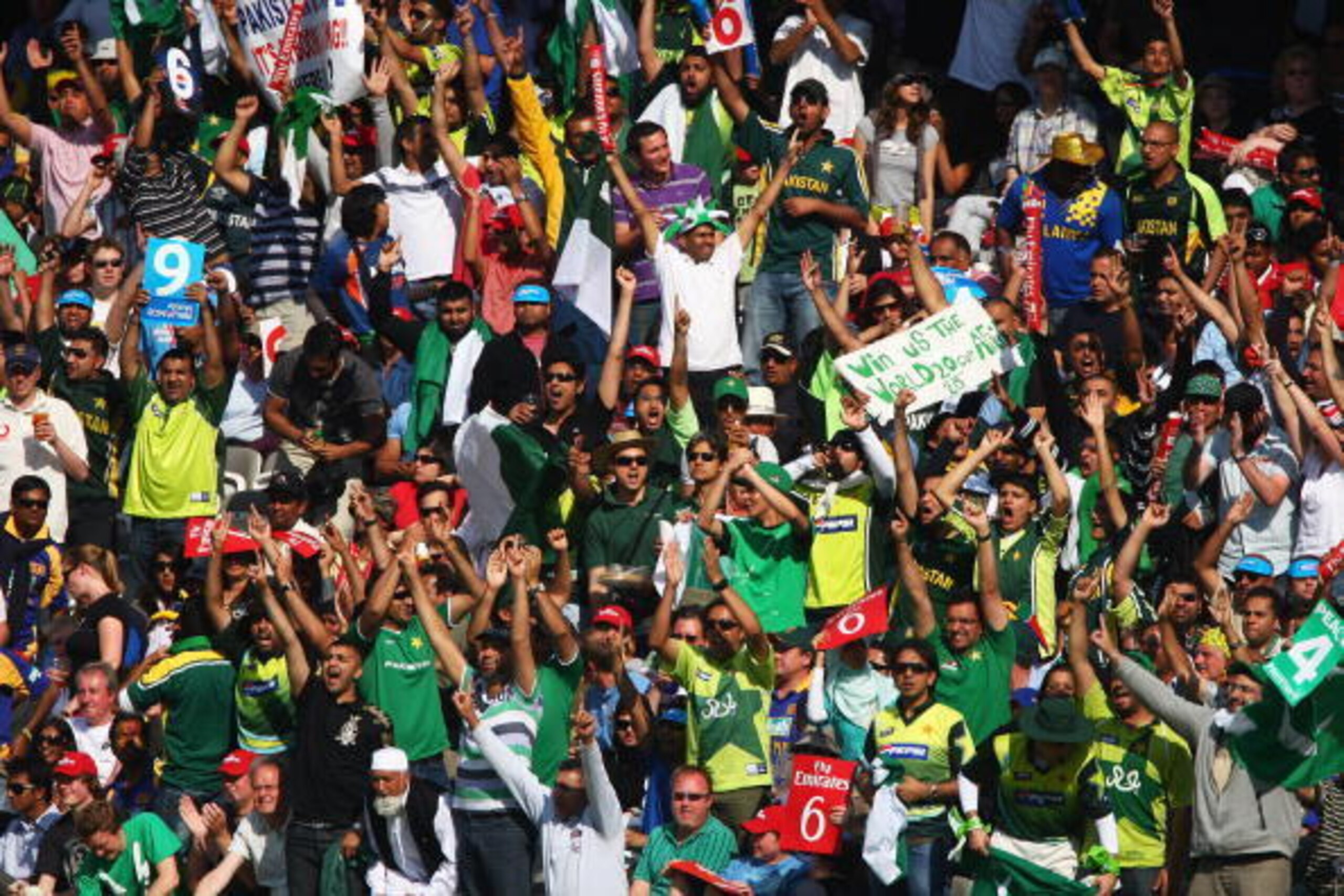 LONDON, ENGLAND - JUNE 21:  Pakistan fans cheer during the ICC World Twenty20 Final between Pakistan and Sri Lanka at Lord's on June 21, 2009 in London, England.  (Photo by Julian Herbert/Getty Images)