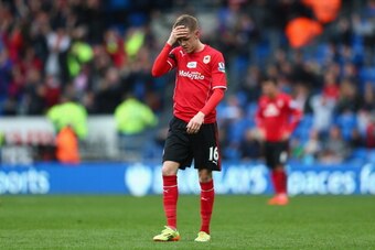 CARDIFF, WALES - APRIL 05:  Craig Noone of Cardiff City is a dejected figure after his side concede the third goal during the Barclays Premier League match between Cardiff City and Crystal Palace at Cardiff City Stadium on April 5, 2014 in Cardiff, Wales.