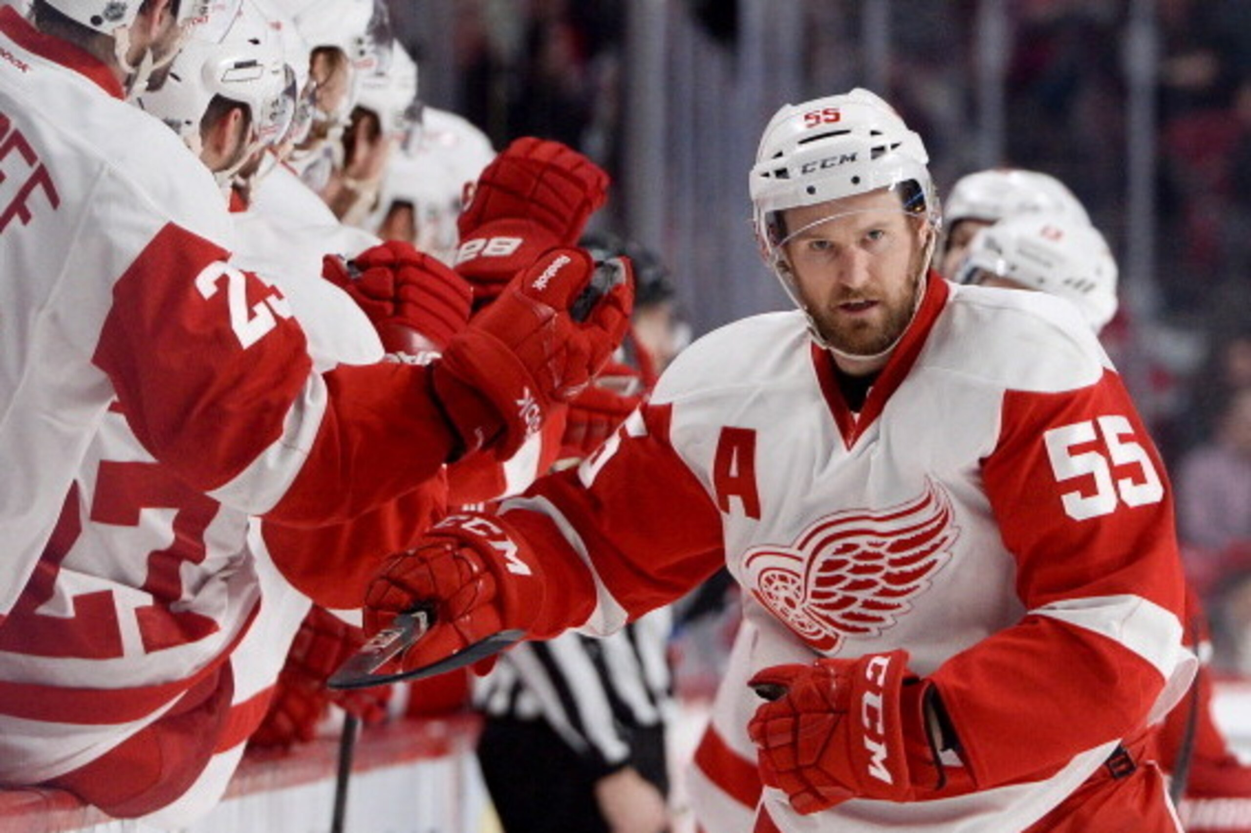 MONTREAL, QC - APRIL 5: Niklas Kronwall #55 of the Detroit Red Wings celebrates after scoring a goal against the Montreal Canadiens during the NHL game on April 5, 2014 at the Bell Centre in Montreal, Quebec, Canada. (Photo by Francois Lacasse/NHLI via Ge