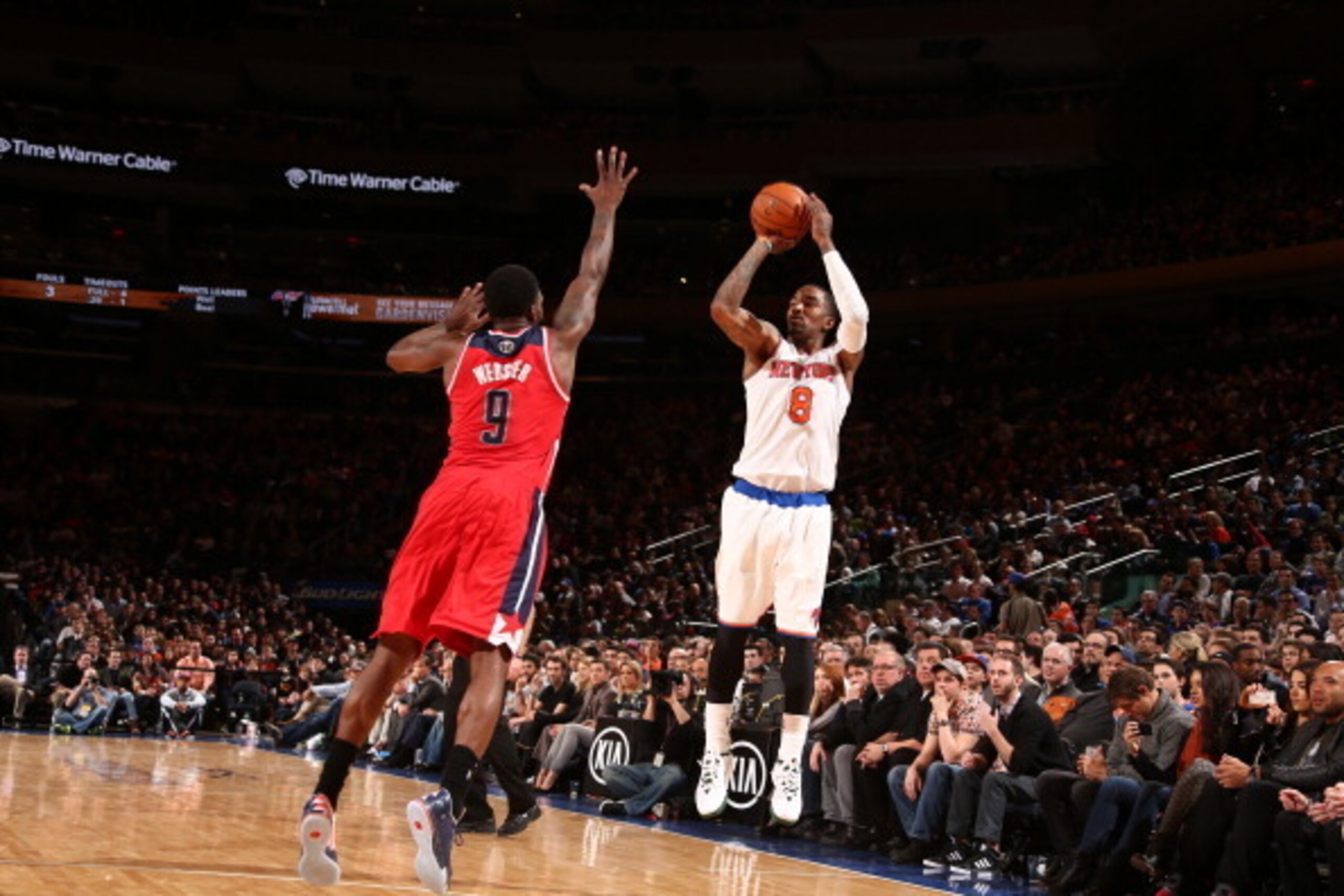 NEW YORK, NY - APRIL 4: J.R. Smith #8 of the New York Knicks shoots against the Washington Wizards during a game at Madison Square Garden in New York City. NOTE TO USER: User expressly acknowledges and agrees that, by downloading and or using this photogr