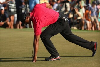 DORAL, FL - MARCH 09:  Tiger Woods collects his golf ball during the final round of the World Golf Championships-Cadillac Championship at Trump National Doral on March 9, 2014 in Doral, Florida.  (Photo by Mike Ehrmann/Getty Images)