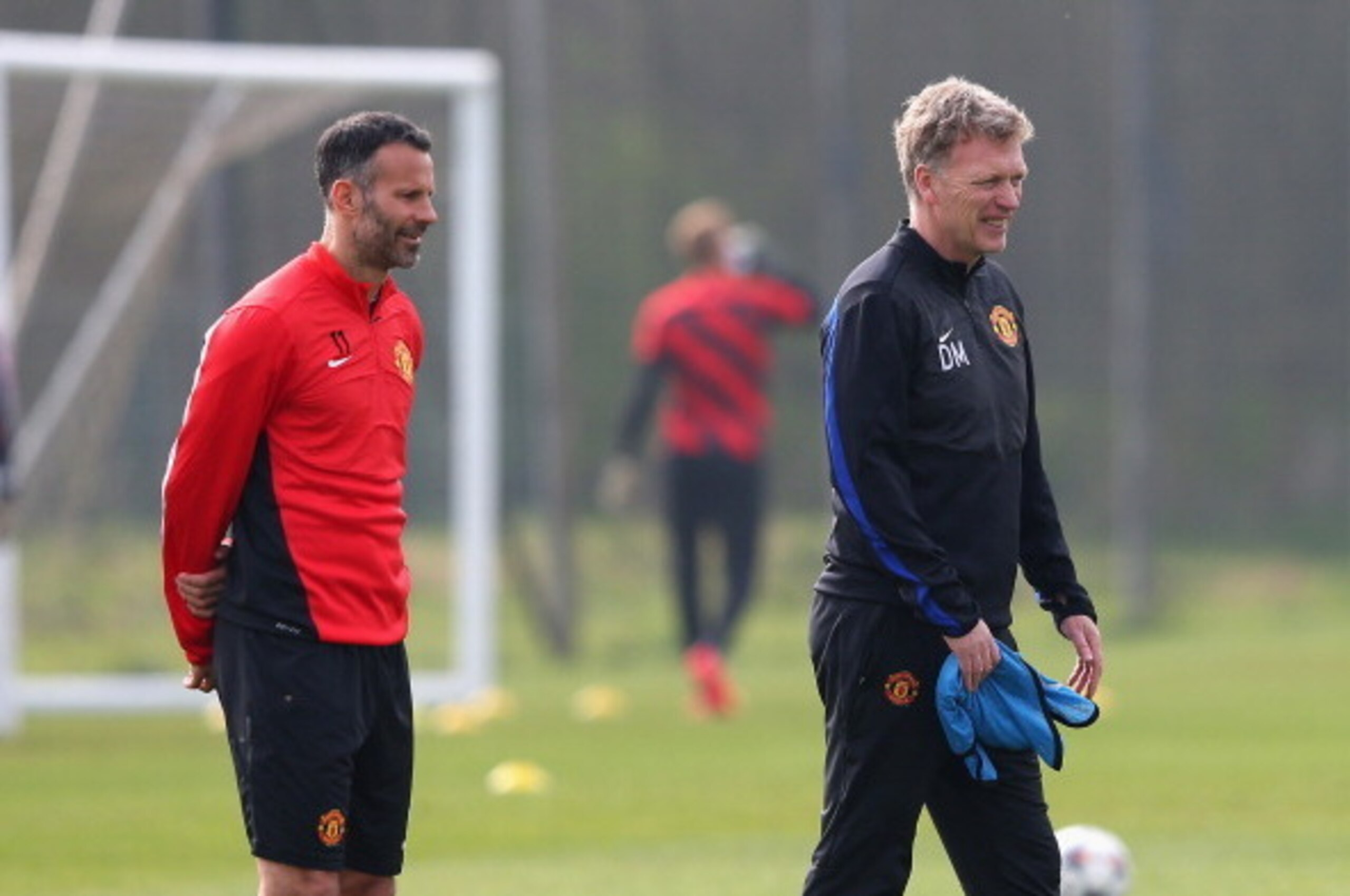 MANCHESTER, ENGLAND - MARCH 31:  David Moyes the manager of Manchester United and Ryan Giggs look during a training session at the Aon Training Complex on March 31, 2014 in Manchester, England.  (Photo by Alex Livesey/Getty Images)