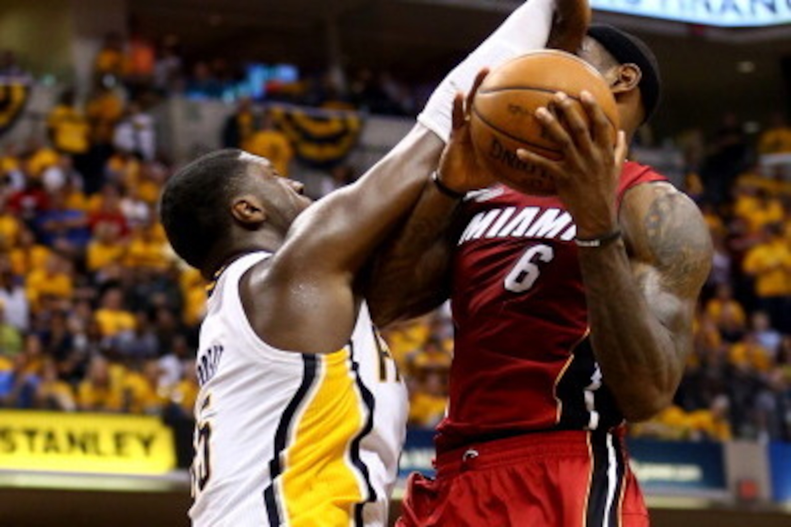 INDIANAPOLIS, IN - JUNE 01:  Roy Hibbert #55 of the Indiana Pacers defends LeBron James #6 of the Miami Heat in Game Six of the Eastern Conference Finals during the 2013 NBA Playoffs at Bankers Life Fieldhouse on June 1, 2013 in Indianapolis, Indiana. NOT
