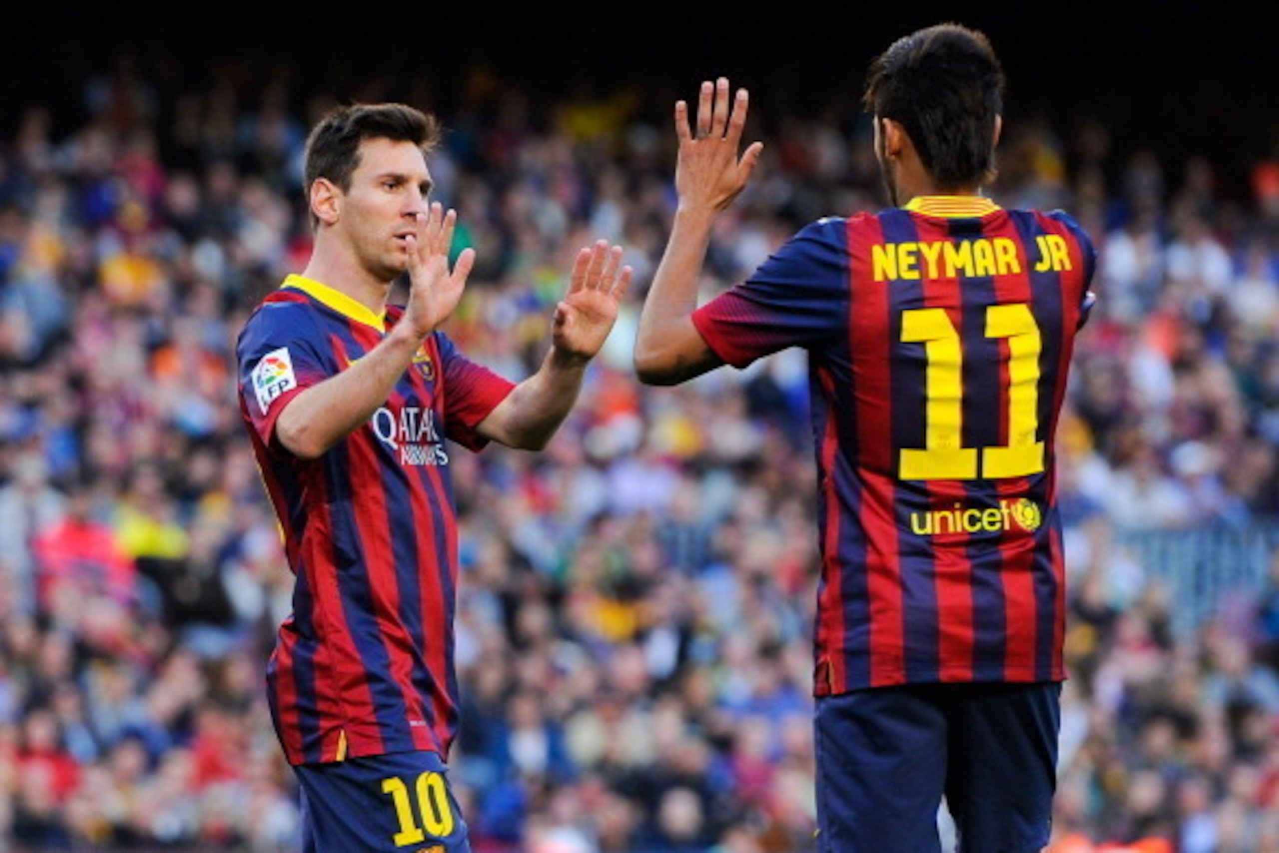 BARCELONA, SPAIN - APRIL 05: Neymar of FC Barcelona celebrates with his team-mate Lionel Messi (L) of FC Barcelona during the La Liga match between FC Barcelona and Real Betis Balompie at Camp Nou on April 5, 2014 in Barcelona, Spain. (Photo by David Ra BARCELONA, SPAIN - APRIL 05: Neymar of FC Barcelona celebrates with his team-mate Lionel Messi (L) of FC Barcelona during the La Liga match between FC Barcelona and Real Betis Balompie at Camp Nou on April 5, 2014 in Barcelona, Spain. (Photo by David Ra