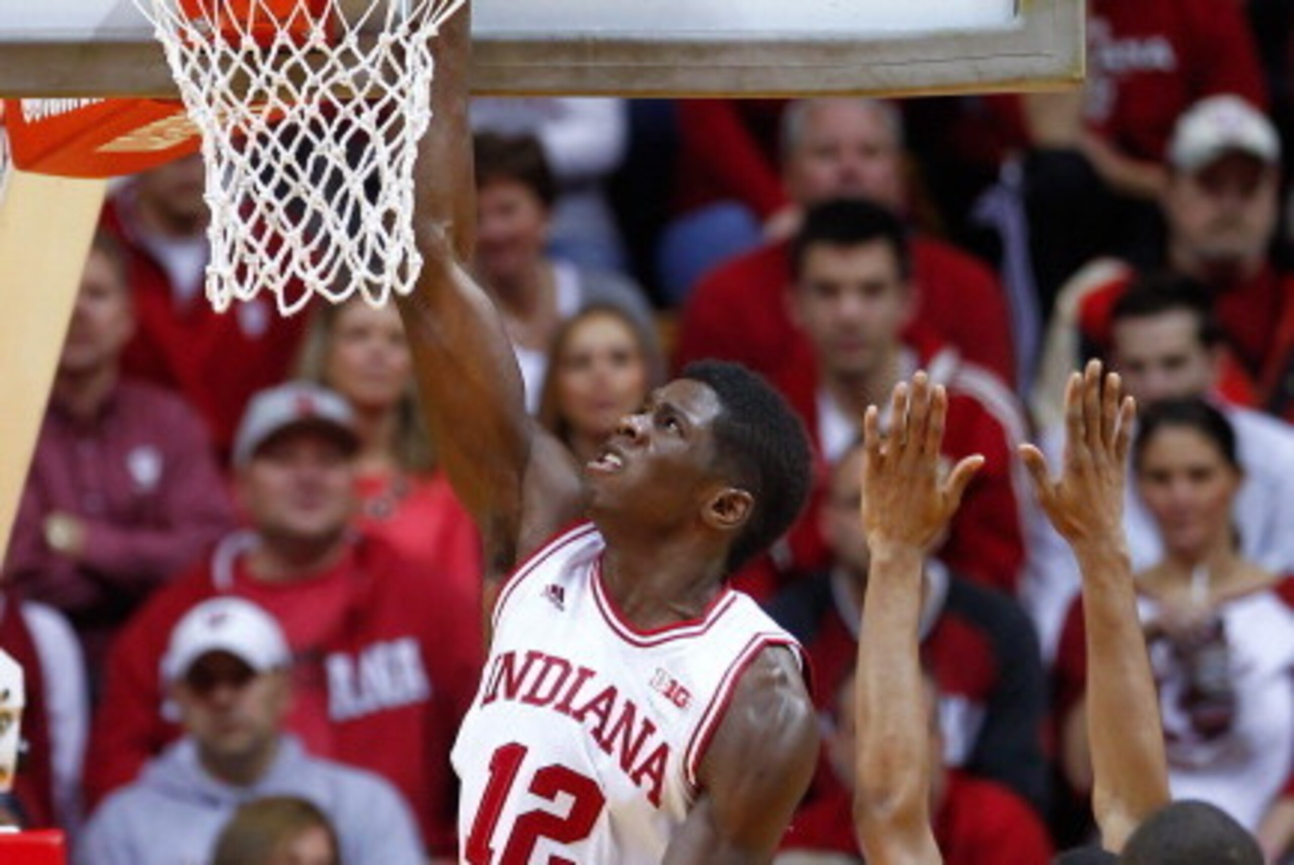 BLOOMINGTON, IN - NOVEMBER 15:  Hanner Mosquera-Perea #12 of the Indiana Hoosiers takes the ball up for a dunk against the Samford Bulldogs at Assembly Hall on November 15, 2013 in Bloomington, Indiana. Indiana defeated Samford 105-59.  (Photo by Michael 