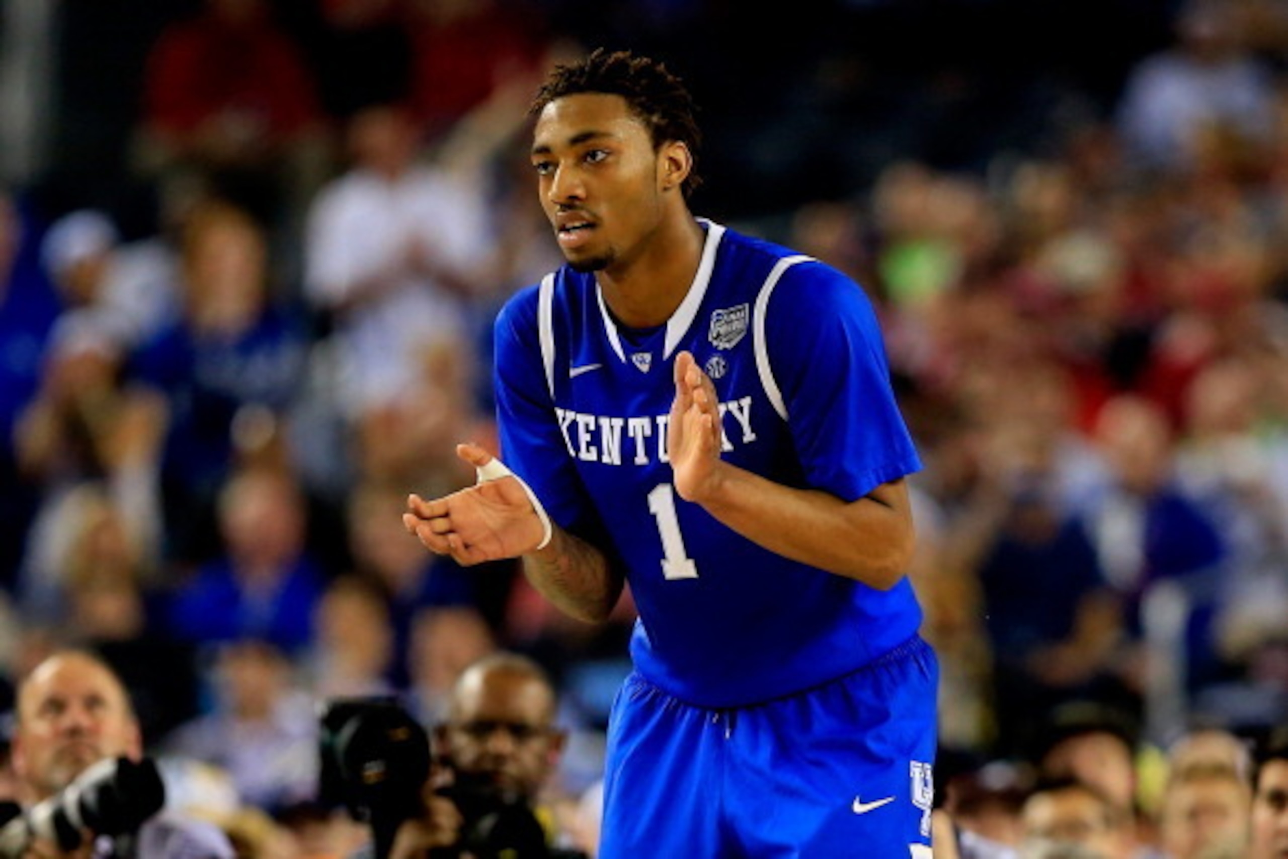ARLINGTON, TX - APRIL 07:  James Young #1 of the Kentucky Wildcats reacts against the Connecticut Huskies during the NCAA Men's Final Four Championship at AT&T Stadium on April 7, 2014 in Arlington, Texas.  (Photo by Jamie Squire/Getty Images)