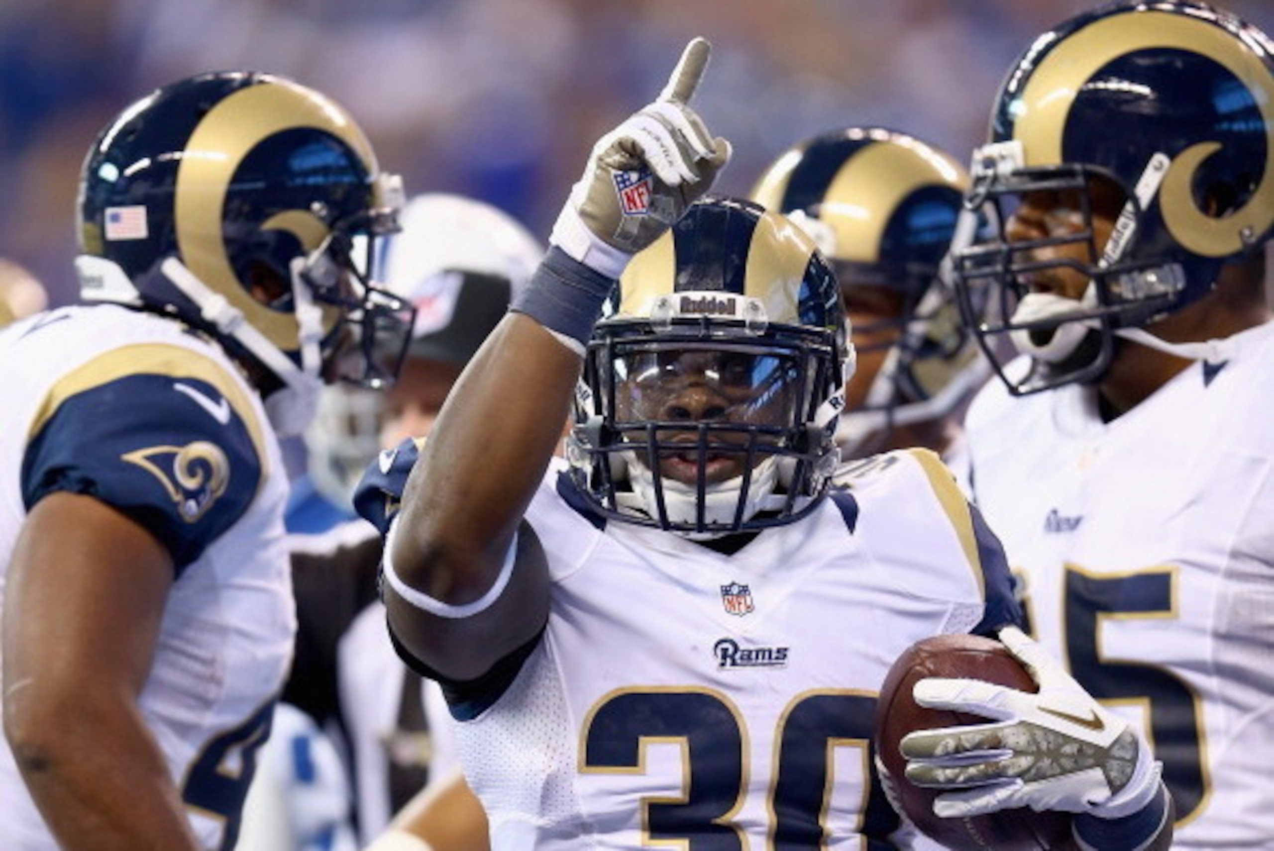 INDIANAPOLIS, IN - NOVEMBER 10:  Zac Stacy #30 of the St. Louis Rams celebrates after scoring a touchdown during the game against the  Indianapolis Colts at Lucas Oil Stadium on November 10, 2013 in Indianapolis, Indiana.  (Photo by Andy Lyons/Getty Image