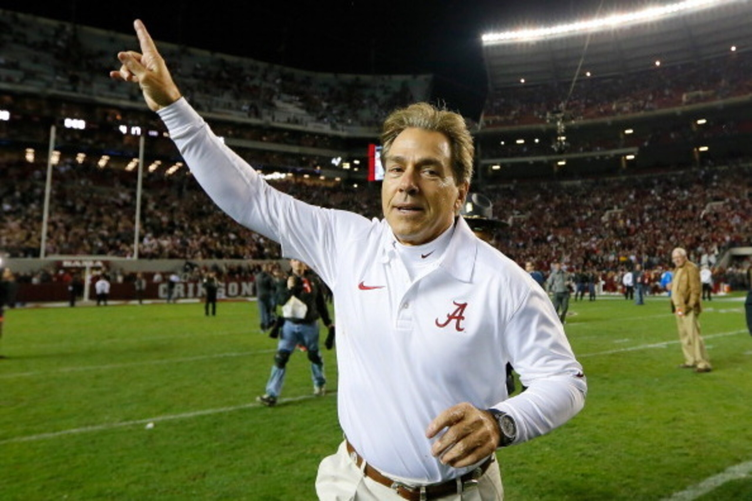 TUSCALOOSA, AL - NOVEMBER 09:  Head coach Nick Saban of the Alabama Crimson Tide celebrates their 38-17 win over the LSU Tigers at Bryant-Denny Stadium on November 9, 2013 in Tuscaloosa, Alabama.  (Photo by Kevin C. Cox/Getty Images)
