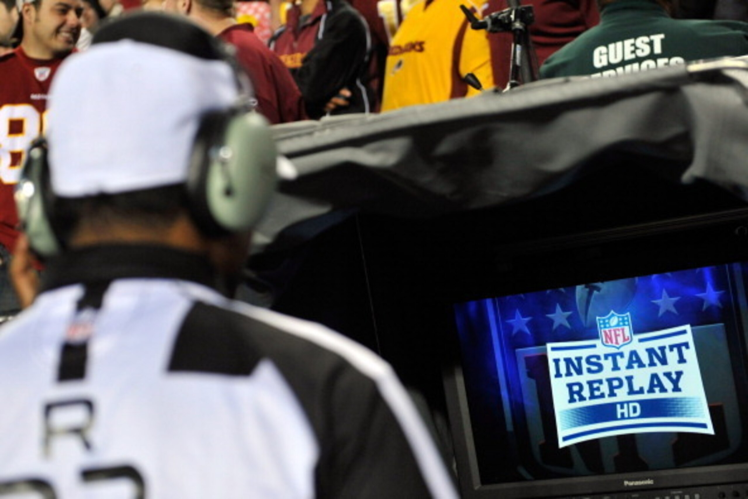 LANDOVER, MD - DECEMBER 03:  Referee Jerome Boger #23 looks into the replay booth on a challenge call in the first quarter in the game between the Washington Redskins and the New York Giants at FedExField on December 3, 2012 in Landover, Maryland.  (Photo