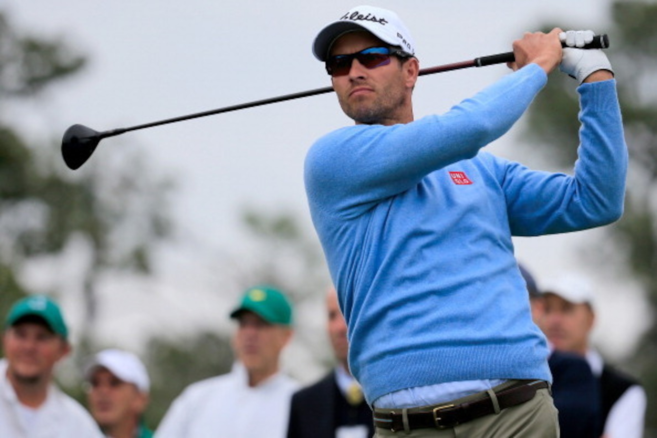 AUGUSTA, GA - APRIL 06:  Adam Scott of Australia, the 2013 Masters winner, follows his drive on the first hole while playing a practice round during the 2014 Masters Tournament preview at Augusta National Golf Club on April 6, 2014 in Augusta, Georgia.  (