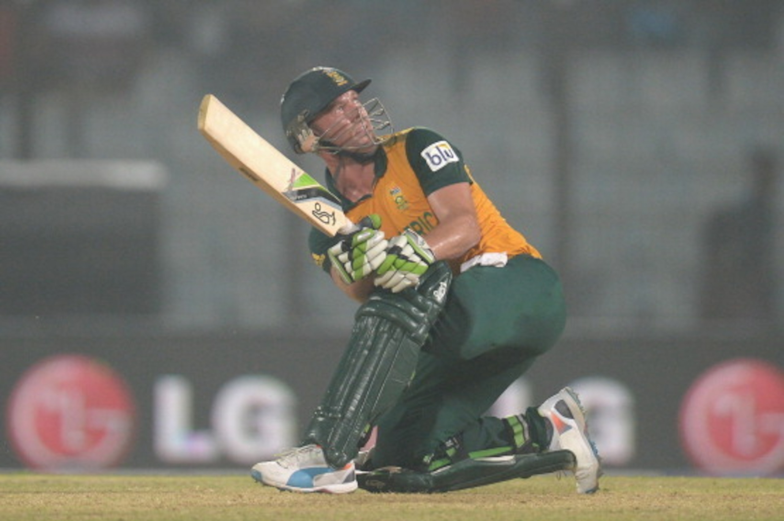 CHITTAGONG, BANGLADESH - MARCH 29:  AB de Villiers of South Africa hits out for six runs during the ICC World Twenty20 Bangladesh 2014 Group 1 match between England and South Africa at Zahur Ahmed Chowdhury Stadium on March 29, 2014 in Chittagong, Banglad