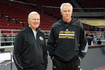 BEIJING, CHINA - OCTOBER 13: General Manager Mitch Kupchak of the Los Angeles Lakers speaks Jerry West of the Golden State Warriors after practice as part of 2013 Global Games on October 13, 2013 at MasterCard Center in Beijing, China. NOTE TO USER: User