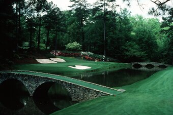 A SCENIC VIEW OF THE INFAMOUS AMEN CORNER OF THE PAR 3 12TH HOLE DURING THE 1992 MASTERS TOURNAMENT AT THE AUGUSTA NATIONAL GOLF COURSE IN AUGUSTA, GEORGIA.