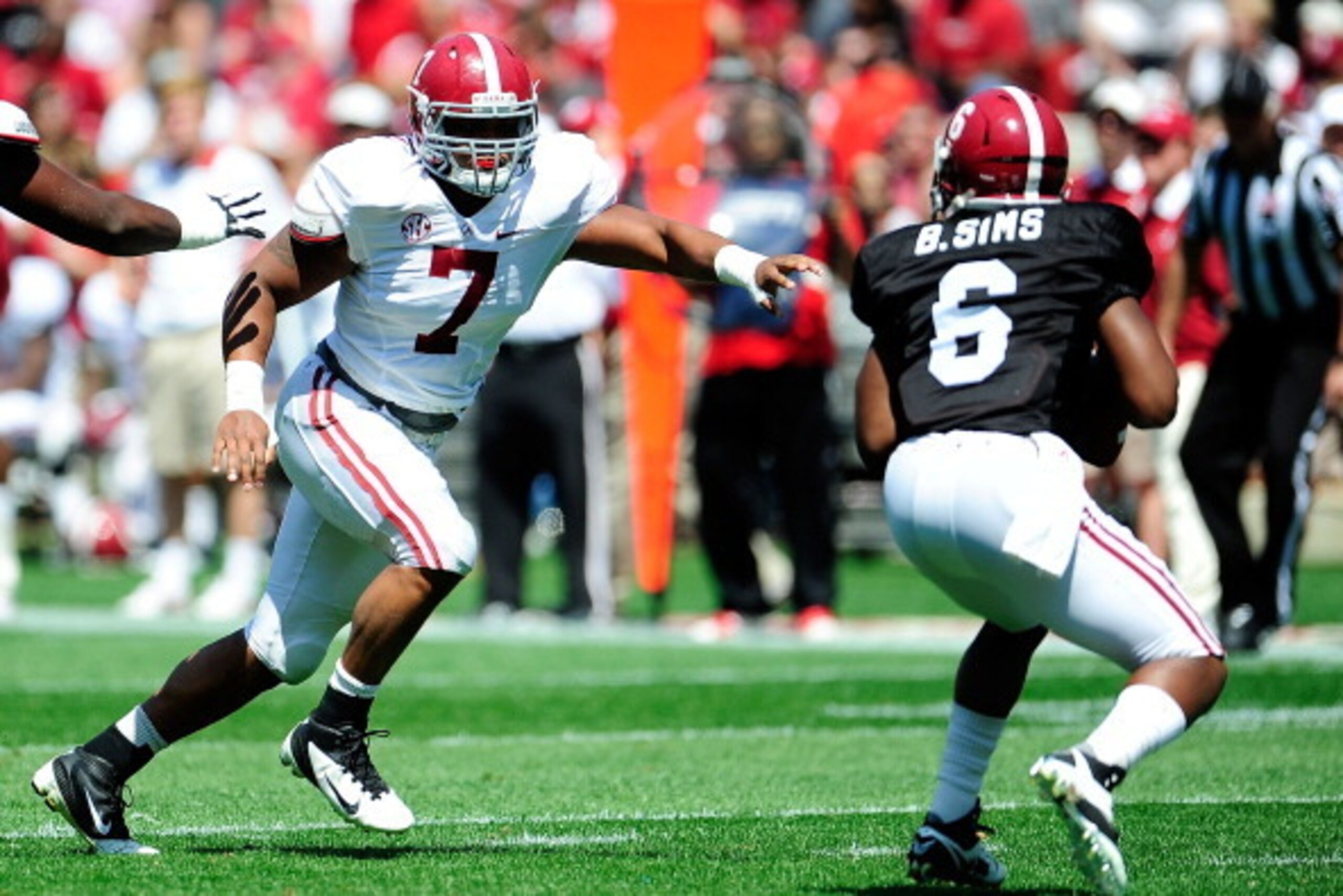 TUSCALOOSA, AL - APRIL 20: Ryan Anderson #7 of the White team pressures Blake Sims #6 of the Crimson team during the Alabama A-Day spring game at Bryant-Denny Stadium on April 20, 2013 in Tuscaloosa, Alabama. (Photo by Stacy Revere/Getty Images) TUSCALOOSA, AL - APRIL 20: Ryan Anderson #7 of the White team pressures Blake Sims #6 of the Crimson team during the Alabama A-Day spring game at Bryant-Denny Stadium on April 20, 2013 in Tuscaloosa, Alabama. (Photo by Stacy Revere/Getty Images)
