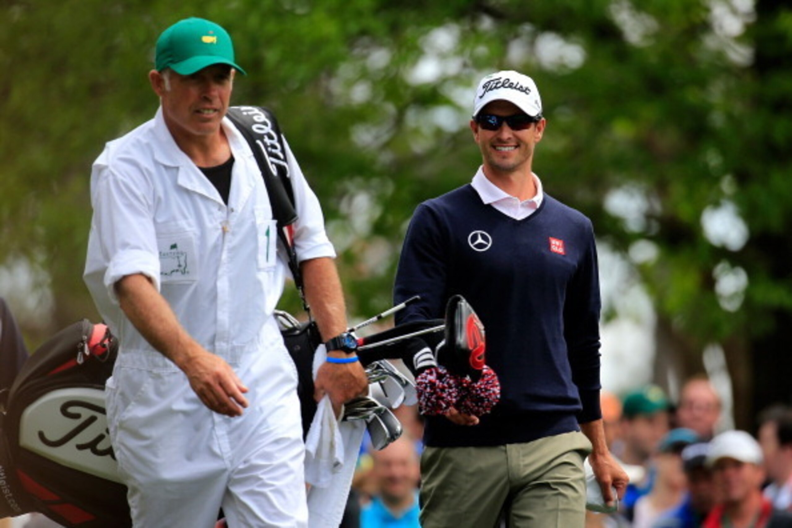 AUGUSTA, GA - APRIL 08:  Adam Scott of Australia walks with his caddy Steve Williams during a practice round prior to the start of the 2014 Masters Tournament at Augusta National Golf Club on April 8, 2014 in Augusta, Georgia.  (Photo by Rob Carr/Getty Im
