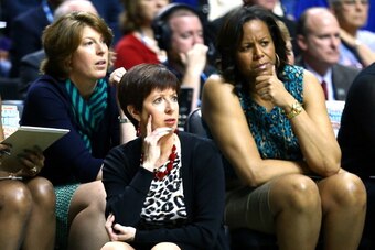 NASHVILLE, TN - APRIL 08:  head coach Muffet McGraw of the Notre Dame Fighting Irish looks on from the bench against the Connecticut Huskies during the NCAA Women's Final Four Championship at Bridgestone Arena on April 8, 2014 in Nashville, Tennessee.  (P