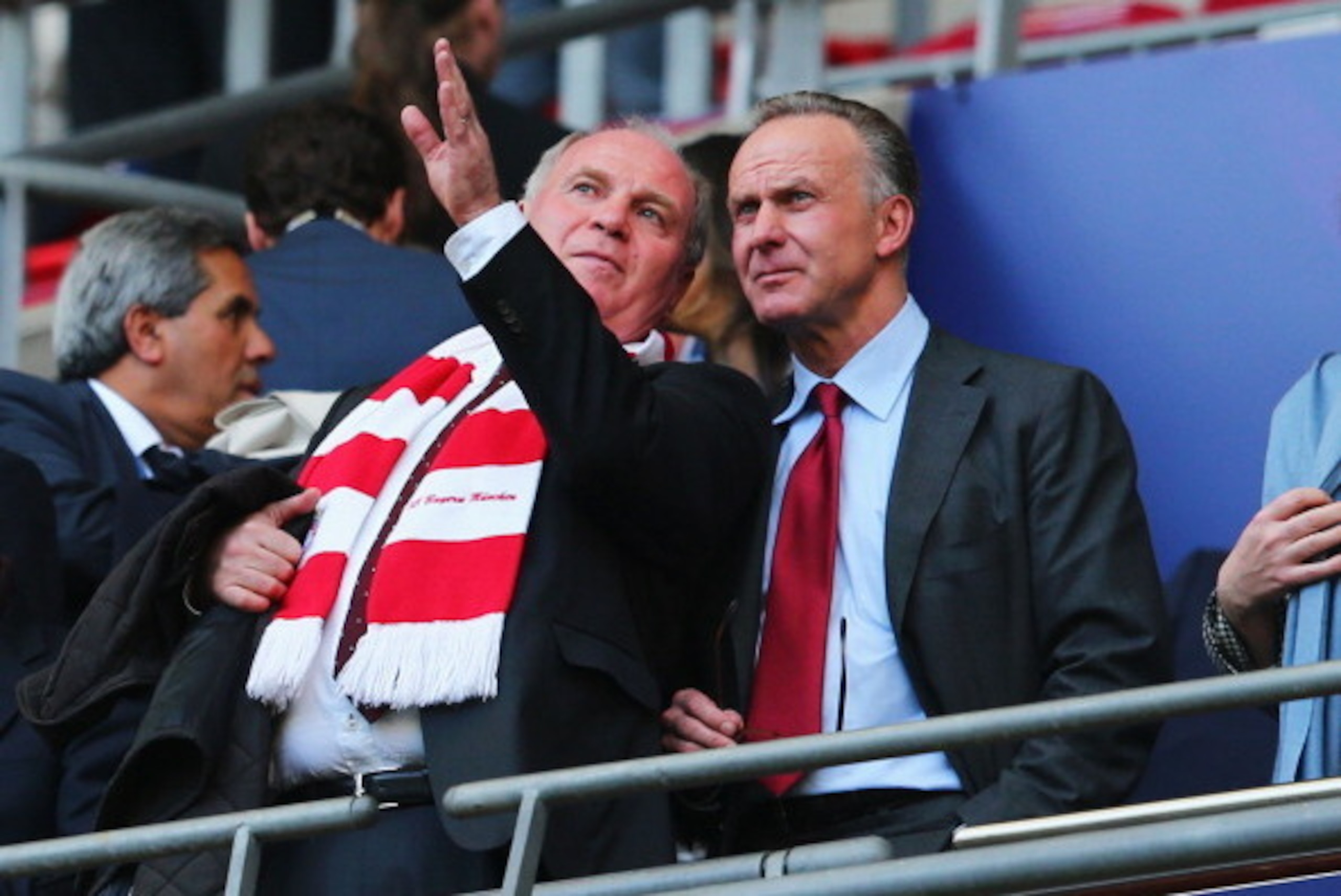 LONDON, ENGLAND - MAY 25:  Uli Hoeness President of Bayern Muenchen (L) and Karl-Heinz Rummenigge ahead of the UEFA Champions League final match between Borussia Dortmund and FC Bayern Muenchen at Wembley Stadium on May 25, 2013 in London, United Kingdom.