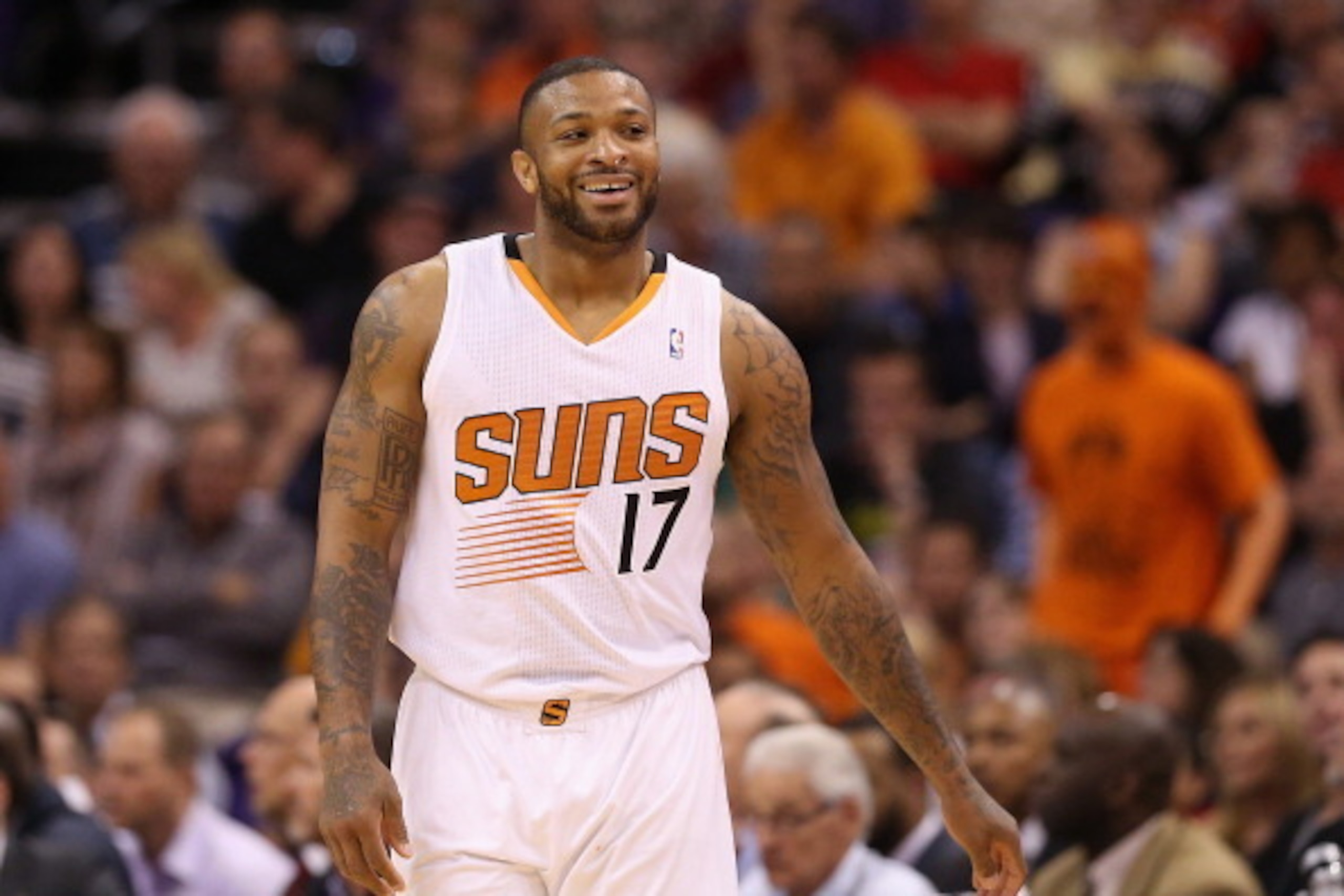 PHOENIX, AZ - APRIL 06:  P.J. Tucker #17 of the Phoenix Suns during the NBA game against the Oklahoma City Thunder at US Airways Center on April 6, 2014 in Phoenix, Arizona.  The Suns defeated the Thunder 122-115. NOTE TO USER: User expressly acknowledges