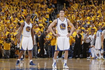 OAKLAND, CA - APRIL 28: Harrison Barnes #40 and Klay Thompson #11 of the Golden State Warriors against the Denver Nuggets in Game Four of the Western Conference Quarterfinals during the 2013 NBA Playoffs on April 28, 2013 at Oracle Arena in Oakland, Calif