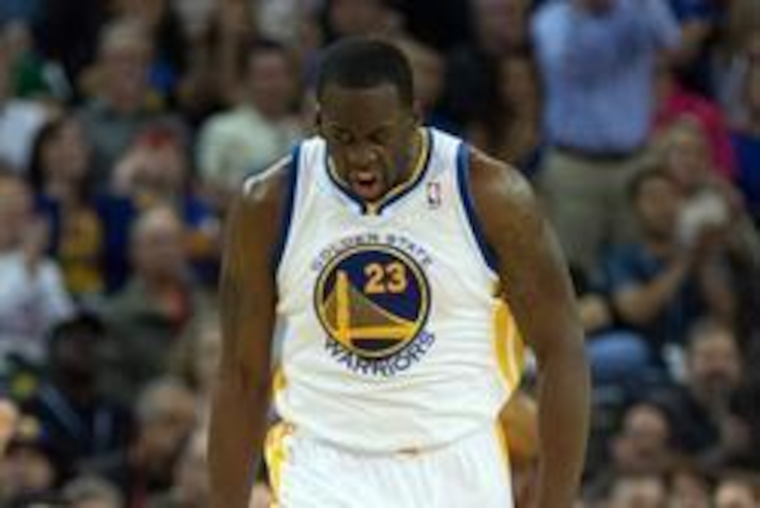 Mar 14, 2014; Oakland, CA, USA; Golden State Warriors forward Draymond Green (23) reacts after a three point basket against the Cleveland Cavaliers during the second quarter at Oracle Arena. Mandatory Credit: Kelley L Cox-USA TODAY Sports