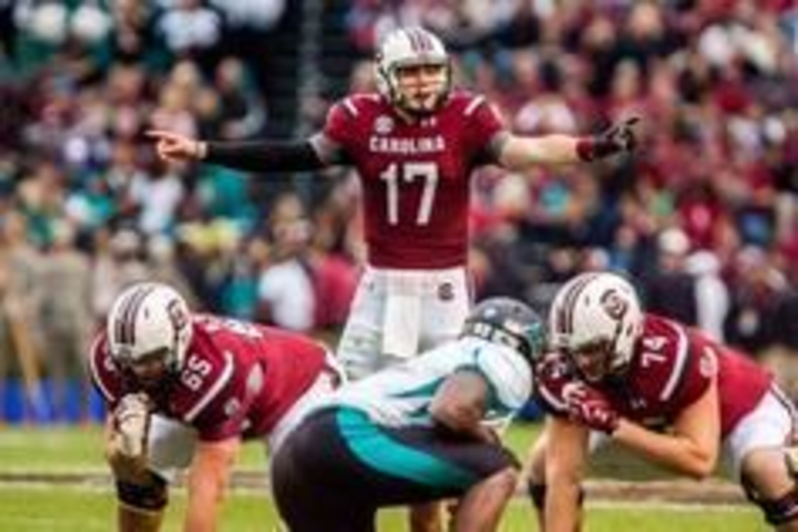 Nov 23, 2013; Columbia, SC, USA; South Carolina Gamecocks quarterback Dylan Thompson (17) calls the play at the line against the Coastal Carolina Chanticleers in the second half at Williams-Brice Stadium. Mandatory Credit: Jeff Blake-USA TODAY