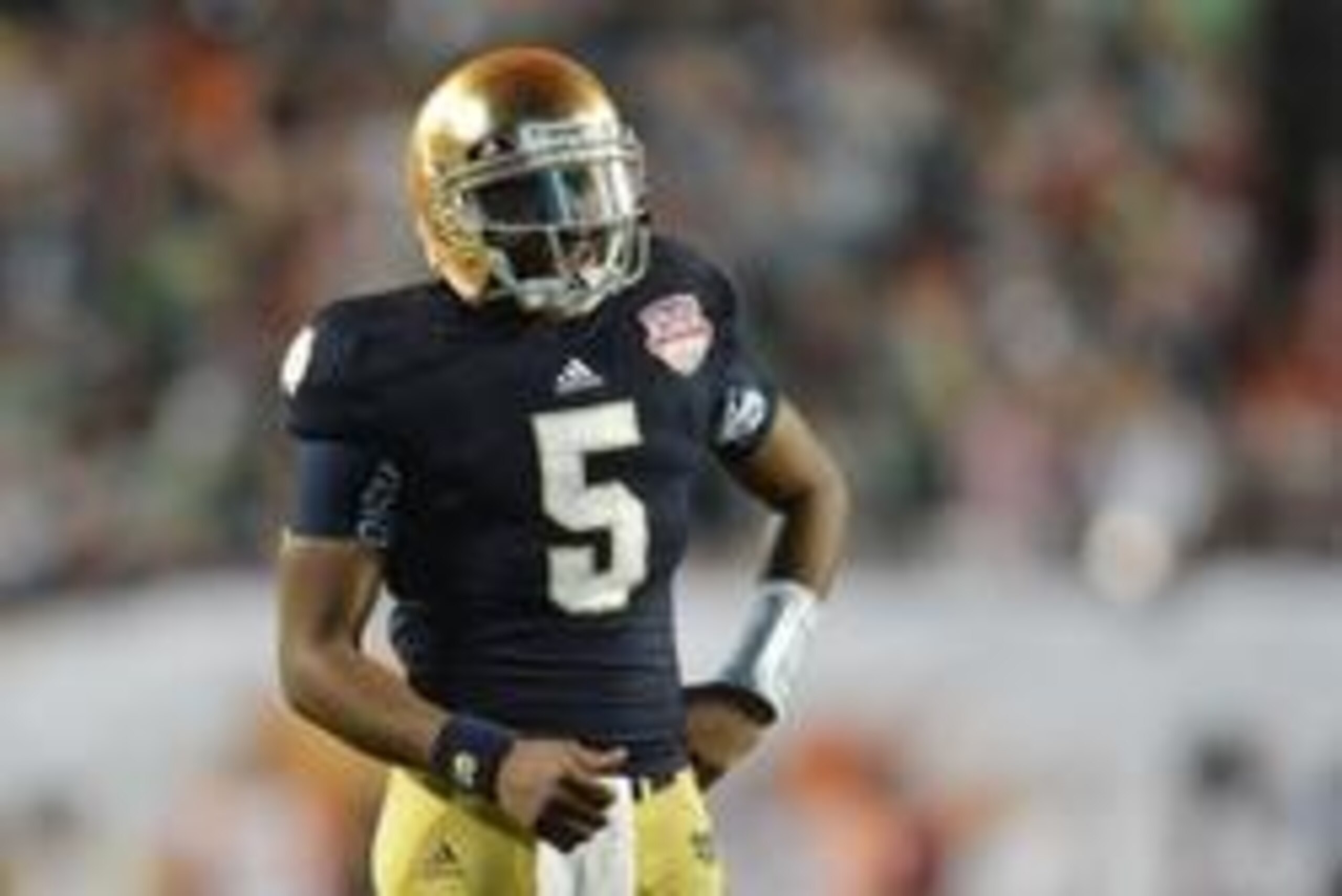 Jan 7, 2013; Miami, FL, USA; Notre Dame Fighting Irish quarterback Everett Golson (5) reacts during the second half of the 2013 BCS Championship game at Sun Life Stadium.   Mandatory Credit: Steve Mitchell-USA TODAY Sports