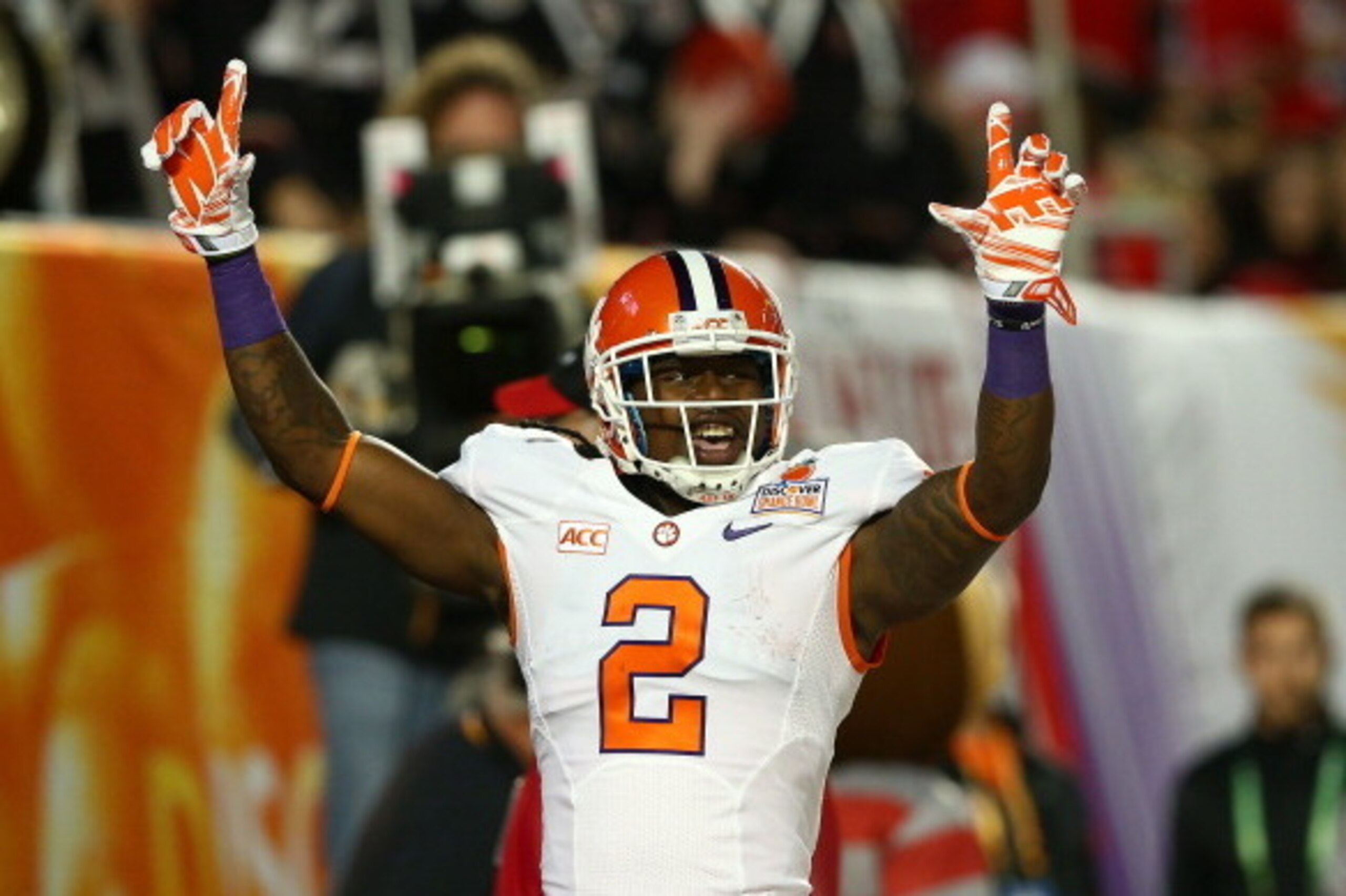 MIAMI GARDENS, FL - JANUARY 03:  Sammy Watkins #2 of the Clemson Tigers celebrates a touchdown in the first quarter against the Ohio State Buckeyes during the Discover Orange Bowl at Sun Life Stadium on January 3, 2014 in Miami Gardens, Florida.  (Photo b