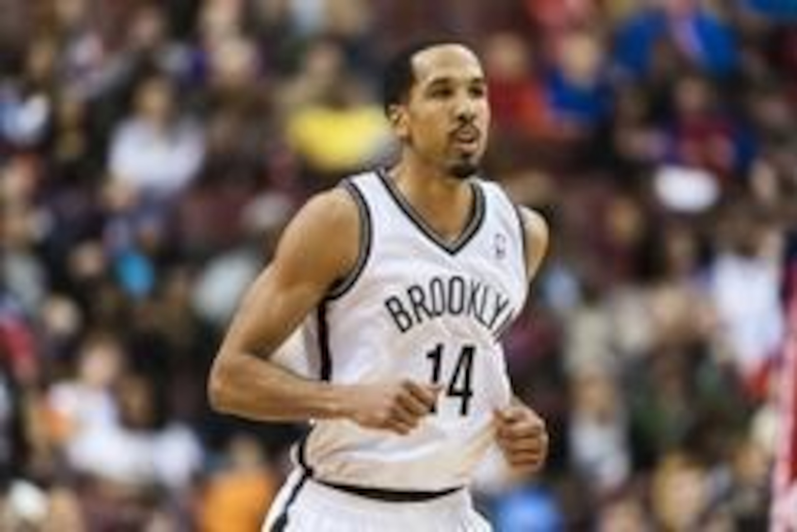 Apr 5, 2014; Philadelphia, PA, USA; Brooklyn Nets guard Shaun Livingston (14) during the second quarter against the Philadelphia 76ers at the Wells Fargo Center. The Nets defeated the Sixers 105-101. Mandatory Credit: Howard Smith-USA TODAY Sports
