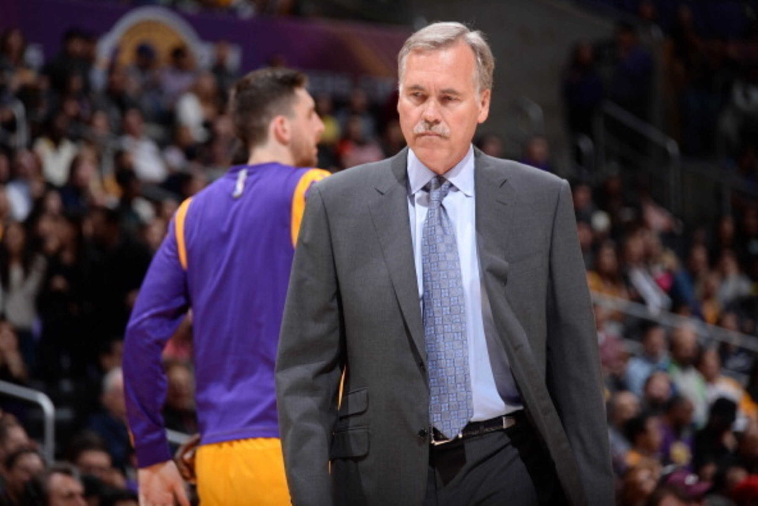 LOS ANGELES, CA - MARCH 21: Head coach Mike D'Antoni of the Los Angeles Lakers looks on during a game against the Washington Wizards at Staples Center on March 21, 2014 in Los Angeles, California. NOTE TO USER: User expressly acknowledges and agrees that,