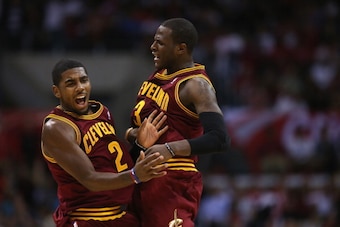 LOS ANGELES, CA - NOVEMBER 05:  Kyrie Irving (L)#2 and Dion Waiters #3 of the Cleveland Cavaliers celebrate Irving's three point shot in the closing seconds of the fourth quarter against the Los Angeles Clippers at Staples Center on November 5, 2012 in Lo