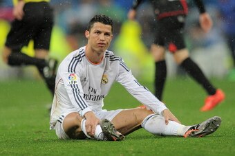 MADRID, SPAIN - MARCH 29:  Cristiano Ronaldo of Real Madrid FC looks on during the La Liga match between Real Madrid CF and Rayo Vallecano de Madrid at Santiago Bernabeu stadium on March 29, 2014 in Madrid, Spain.  (Photo by Denis Doyle/Getty Images)