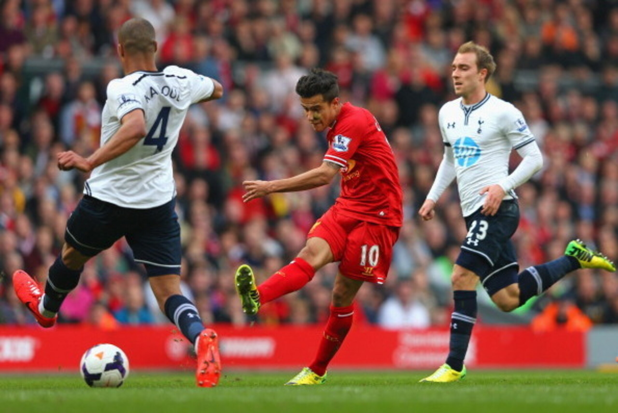 LIVERPOOL, ENGLAND - MARCH 30: Philippe Coutinho of Liverpool scores the third goal during the Barclays Premier League match between Liverpool and Tottenham Hotspur at Anfield on March 30, 2014 in Liverpool, England. (Photo by Alex Livesey/Getty Images LIVERPOOL, ENGLAND - MARCH 30: Philippe Coutinho of Liverpool scores the third goal during the Barclays Premier League match between Liverpool and Tottenham Hotspur at Anfield on March 30, 2014 in Liverpool, England. (Photo by Alex Livesey/Getty Images