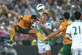 SYDNEY, AUSTRALIA - JUNE 18: Tim Cahill of the Socceroos heads the ball during the FIFA 2014 World Cup Asian Qualifier match between the Australian Socceroos and Iraq at ANZ Stadium on June 18, 2013 in Sydney, Australia.  (Photo by Ryan Pierse/Getty Image