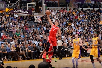 LOS ANGELES, CA - APRIL 8: Jeremy Lin #7 of the Houston Rockets goes up for a shot against the Los Angeles Lakers at Staples Center on April 8, 2014 in Los Angeles, California. NOTE TO USER: User expressly acknowledges and agrees that, by downloading and/