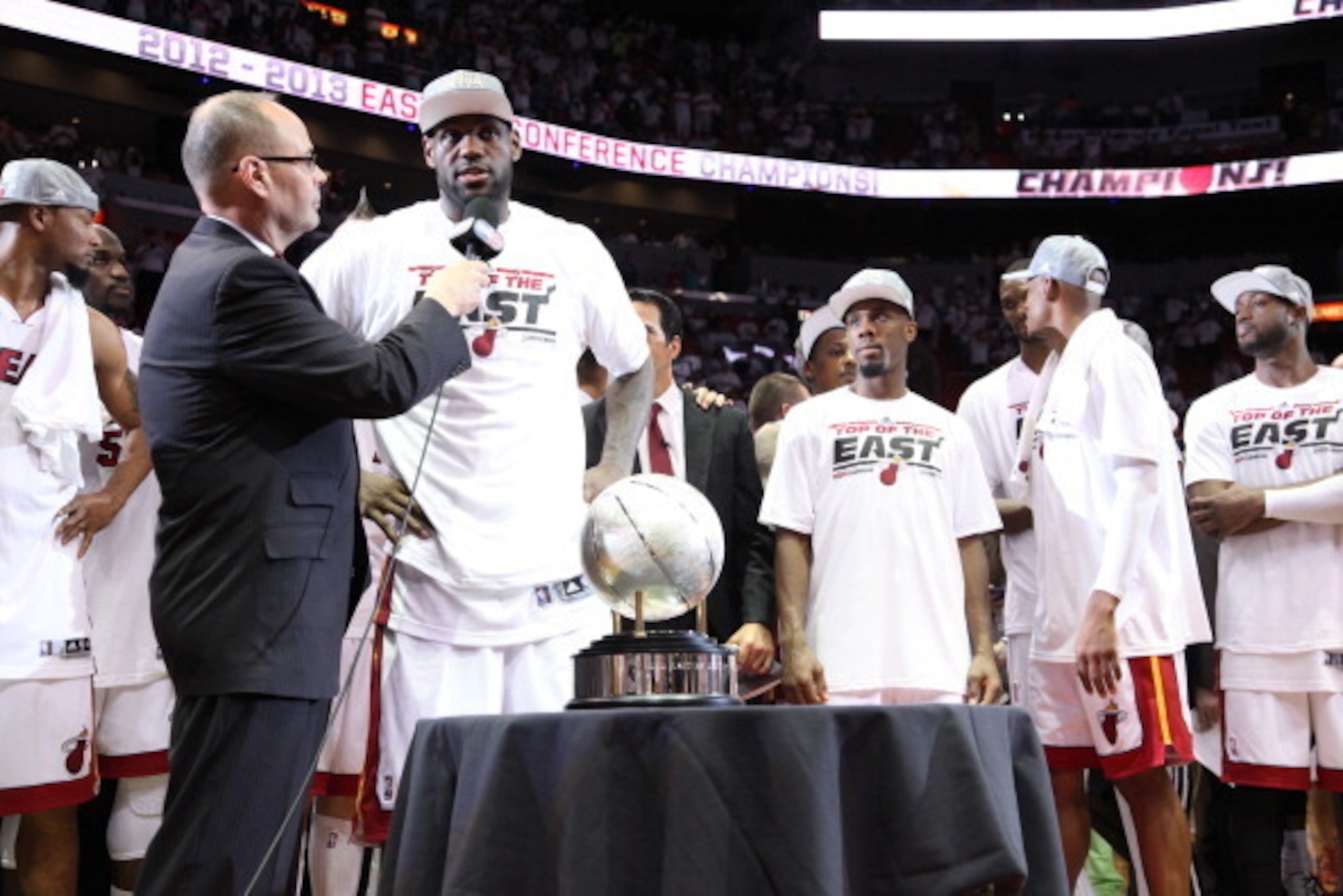 MIAMI, FL - JUNE 3: LeBron James #1 of the Miami Heat is interviewed following Game Seven of the Eastern Conference Finals on June 3, 2013 at American Airlines Arena in Miami, Florida.  NOTE TO USER: User expressly acknowledges and agrees that, by downloa