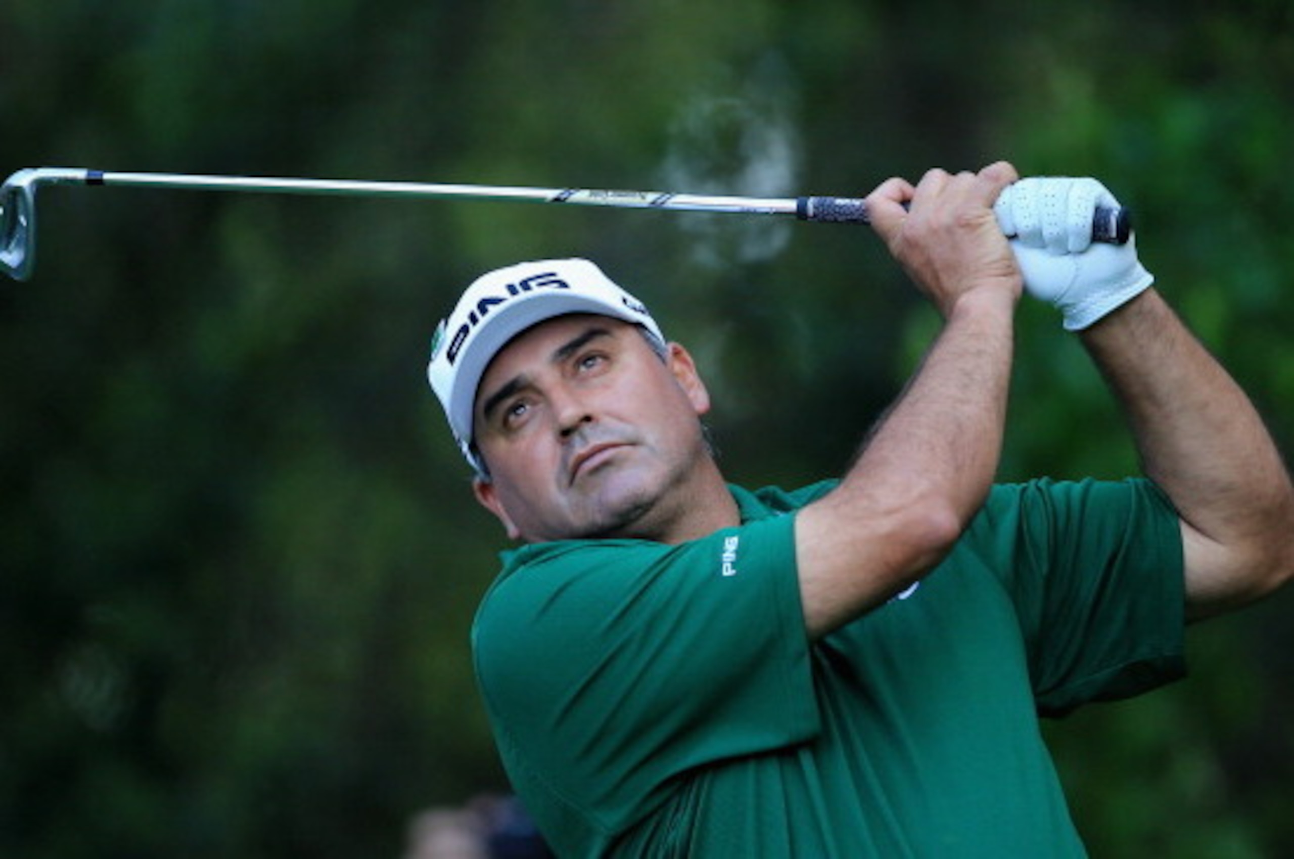 AUGUSTA, GA - APRIL 09:  Angel Cabrera of Argentina hits a shot during the 2014 Par 3 Contest prior to the start of the 2014 Masters Tournament at Augusta National Golf Club on April 9, 2014 in Augusta, Georgia.  (Photo by David Cannon/Getty Images)