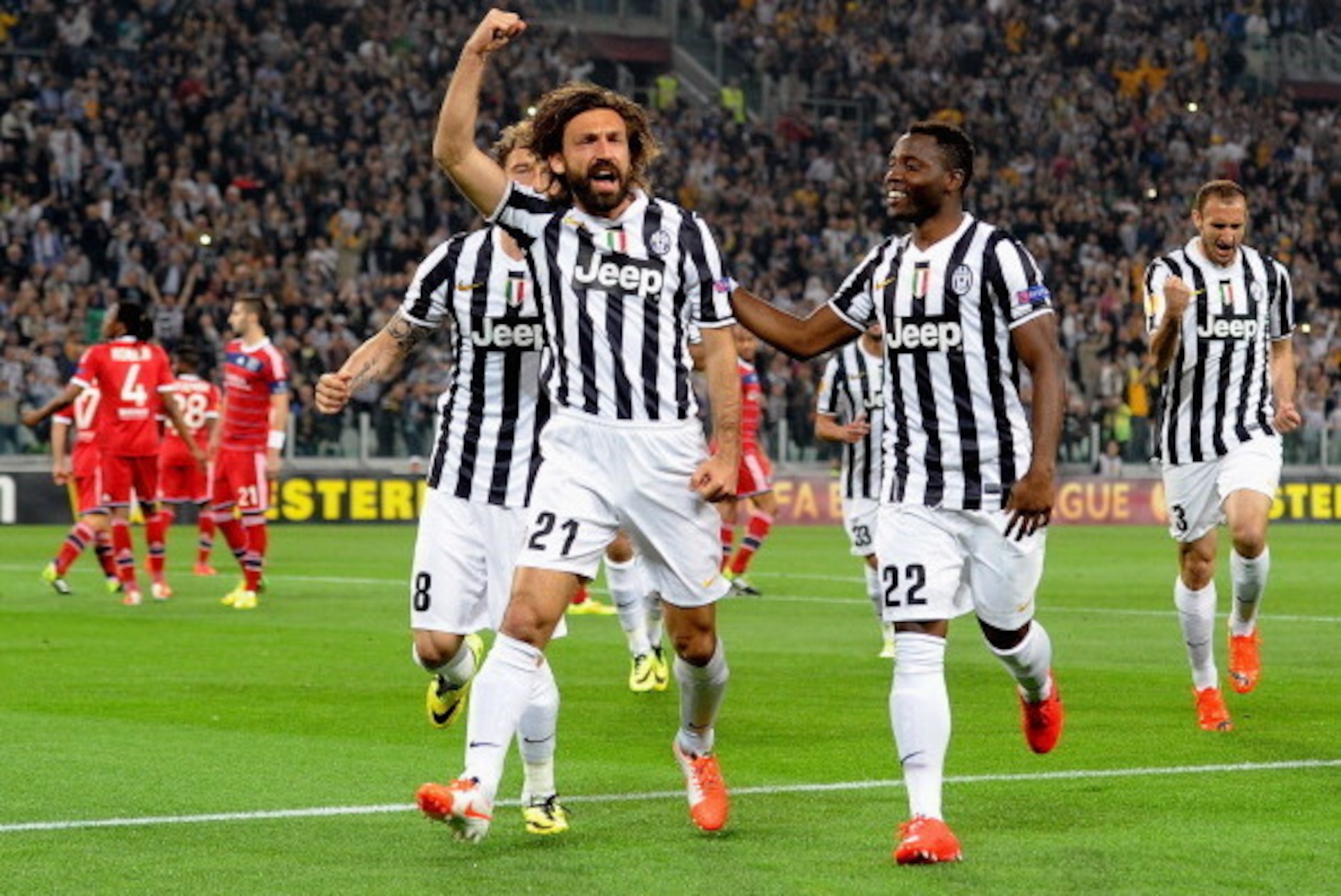 TURIN, ITALY - APRIL 10:  Andrea Pirlo of Juventus #21 celebrates scoring the first goal during the UEFA Europa League quarter final match between Juventus and Olympique Lyonnais at Juventus Arena on April 10, 2014 in Turin, Italy.  (Photo by Claudio Vill