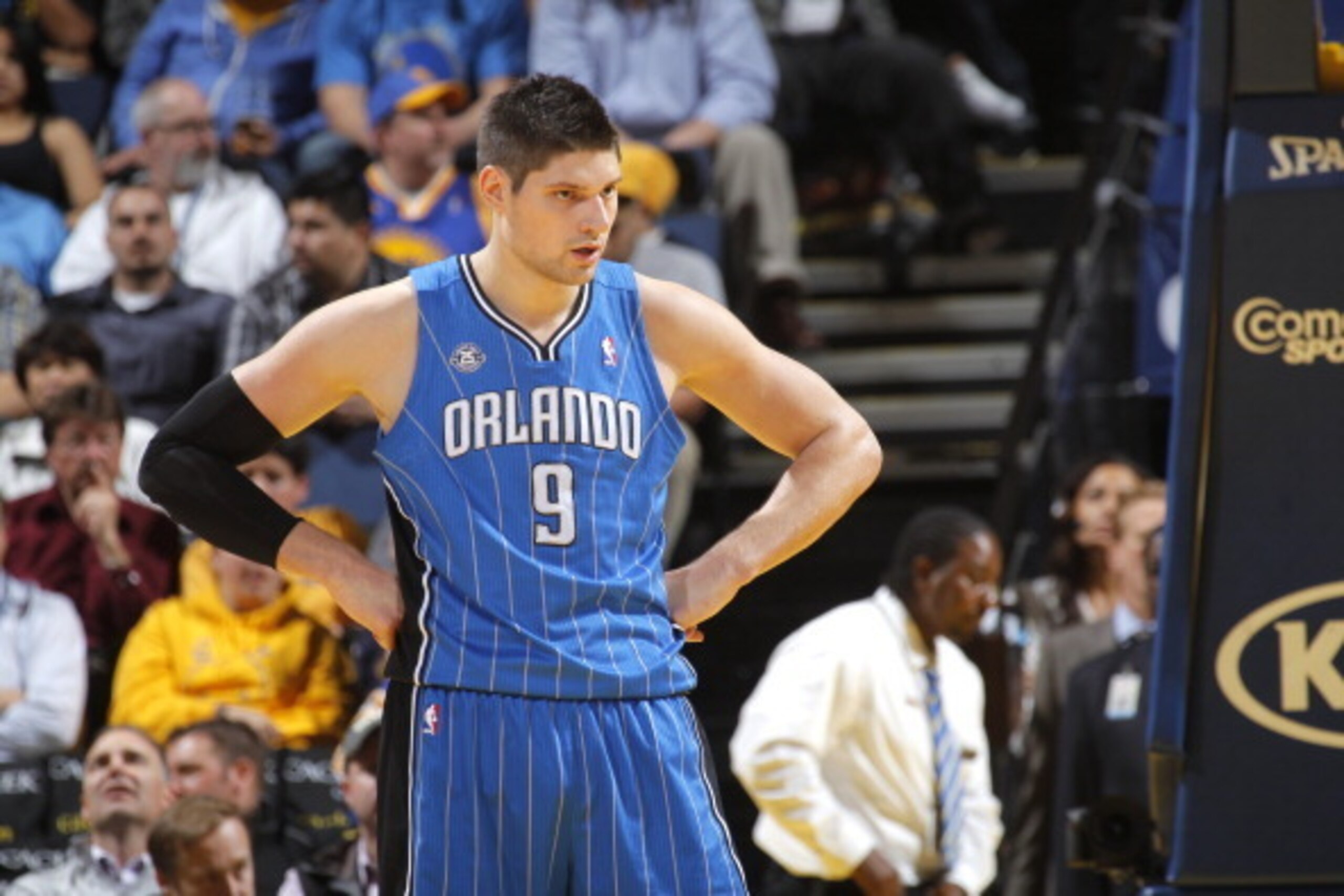 OAKLAND, CA - MARCH 18: Nikola Vecevic #9 of the Orlando Magic while facing the Golden State Warriors on March 18, 2014 at Oracle Arena in Oakland, California. NOTE TO USER: User expressly acknowledges and agrees that, by downloading and or using this pho