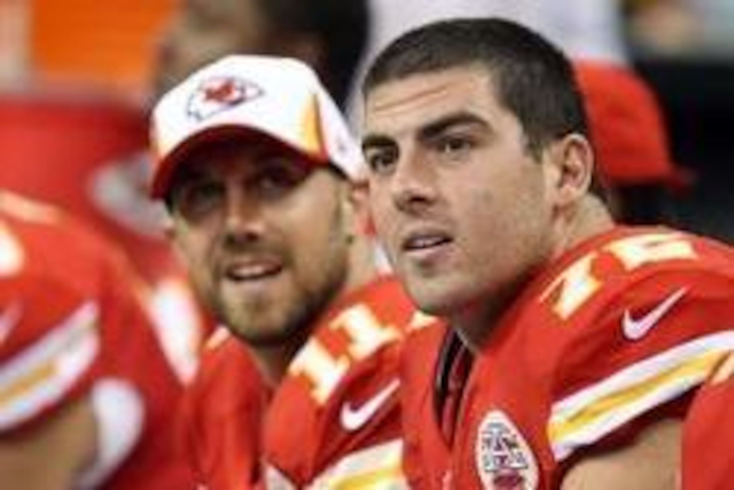 Aug 9, 2013; New Orleans, LA, USA; Kansas City Chiefs offensive tackle Eric Fisher (72) on the bench with quarterback Alex Smith during the fourth quarter of their game against the New Orleans Saints at the Mercedes-Benz Superdome. Mandatory Credit: Chuck
