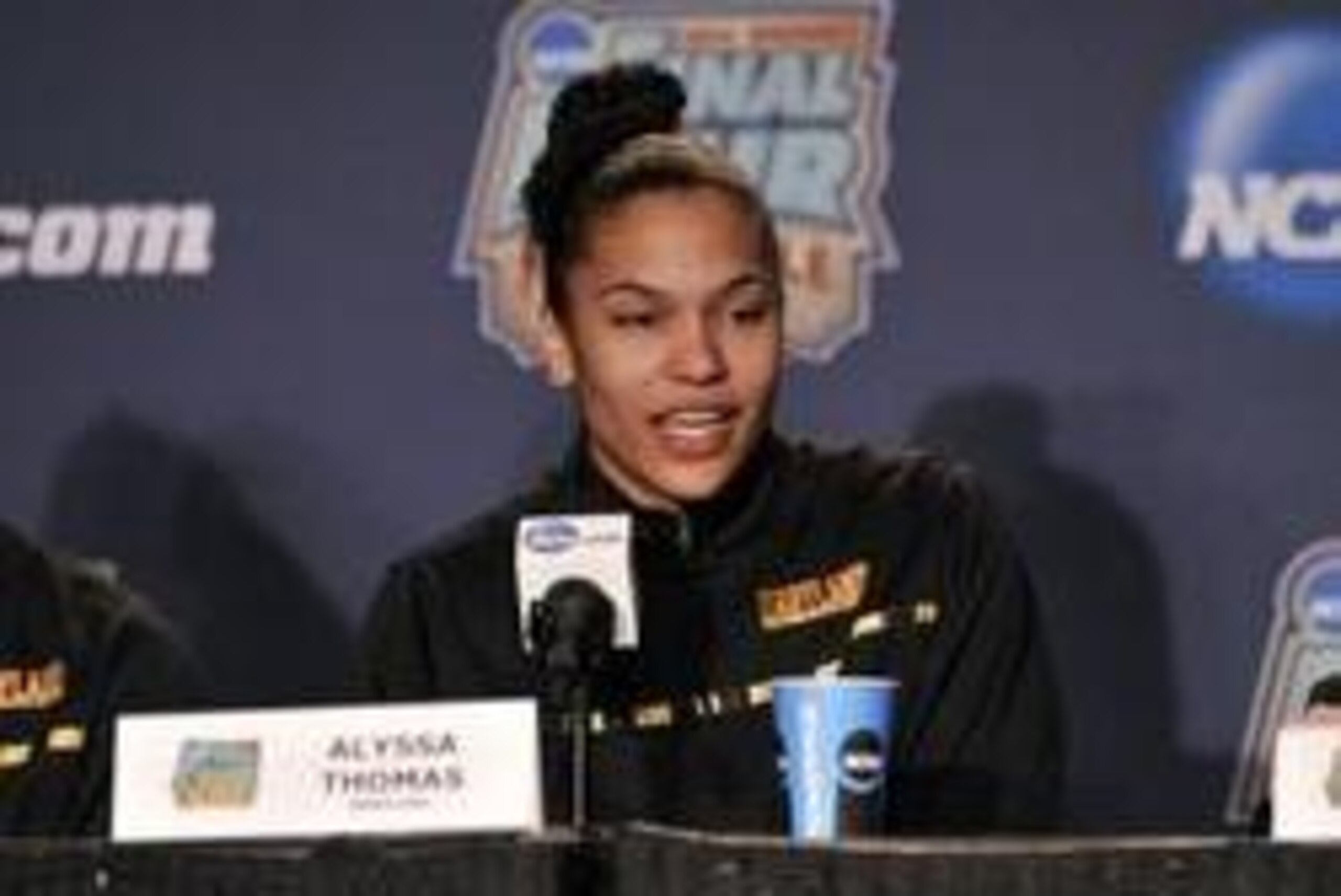 Apr 5, 2014; Nashville, TN, USA; Maryland Terrapins forward Alyssa Thomas speaks during a press conference before the semifinals of the Final Four in the 2014 NCAA Womens Division I Championship tournament at Bridgestone Arena. Mandatory Credit: Jim Brown