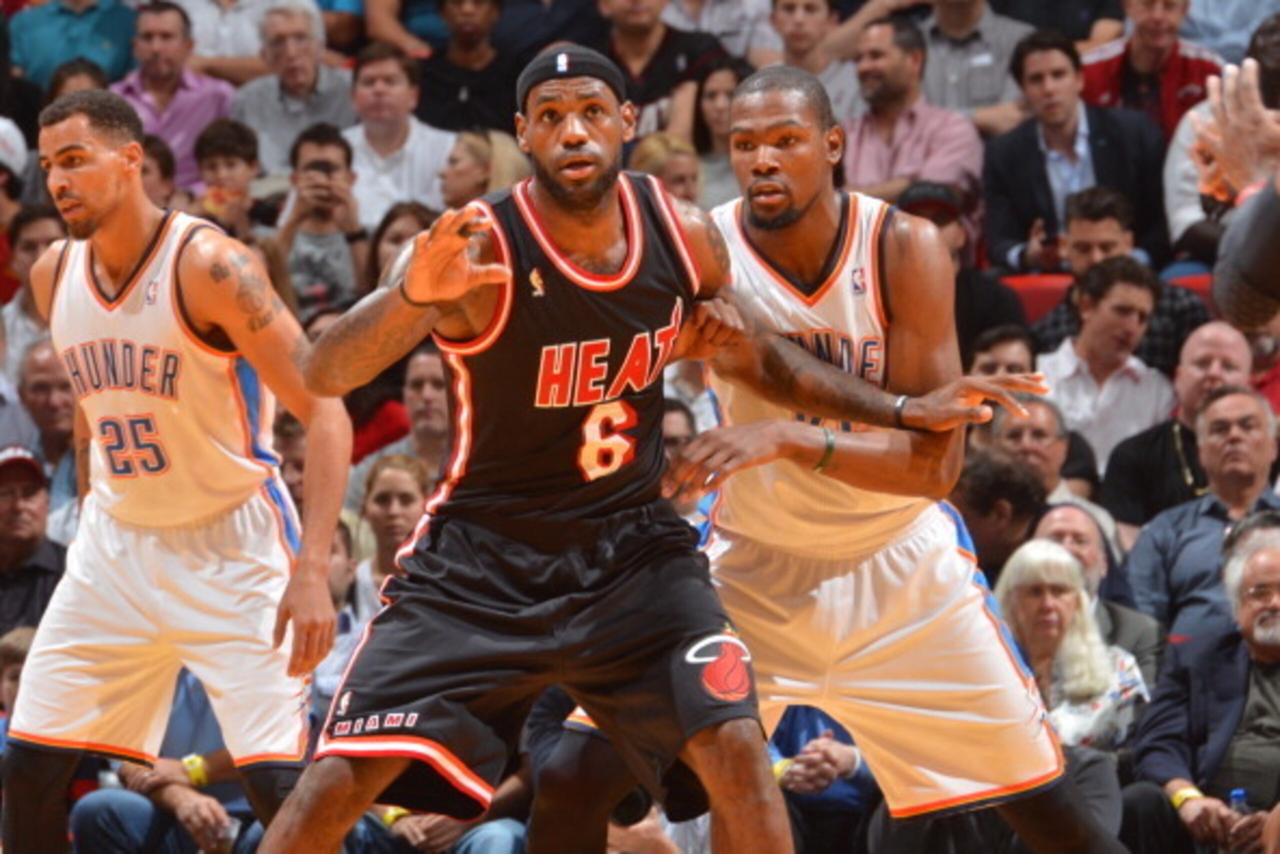 MIAMI, FL - JANUARY 29: LeBron James #6 of the Miami Heat looks for the ball against Kevin Durant #35 of the Oklahoma City Thunder at the American Airlines Arena in Miami, Florida on Jan. 29, 2014. NOTE TO USER: User expressly acknowledges and agrees that