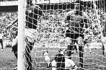 Gerd Muller (on ground) just after he connected with his second goal of the game.