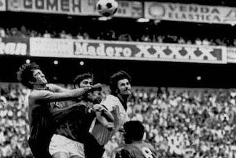 Italian keeper Enrico Albertosi (far right) had a busy day in the Italian goal.