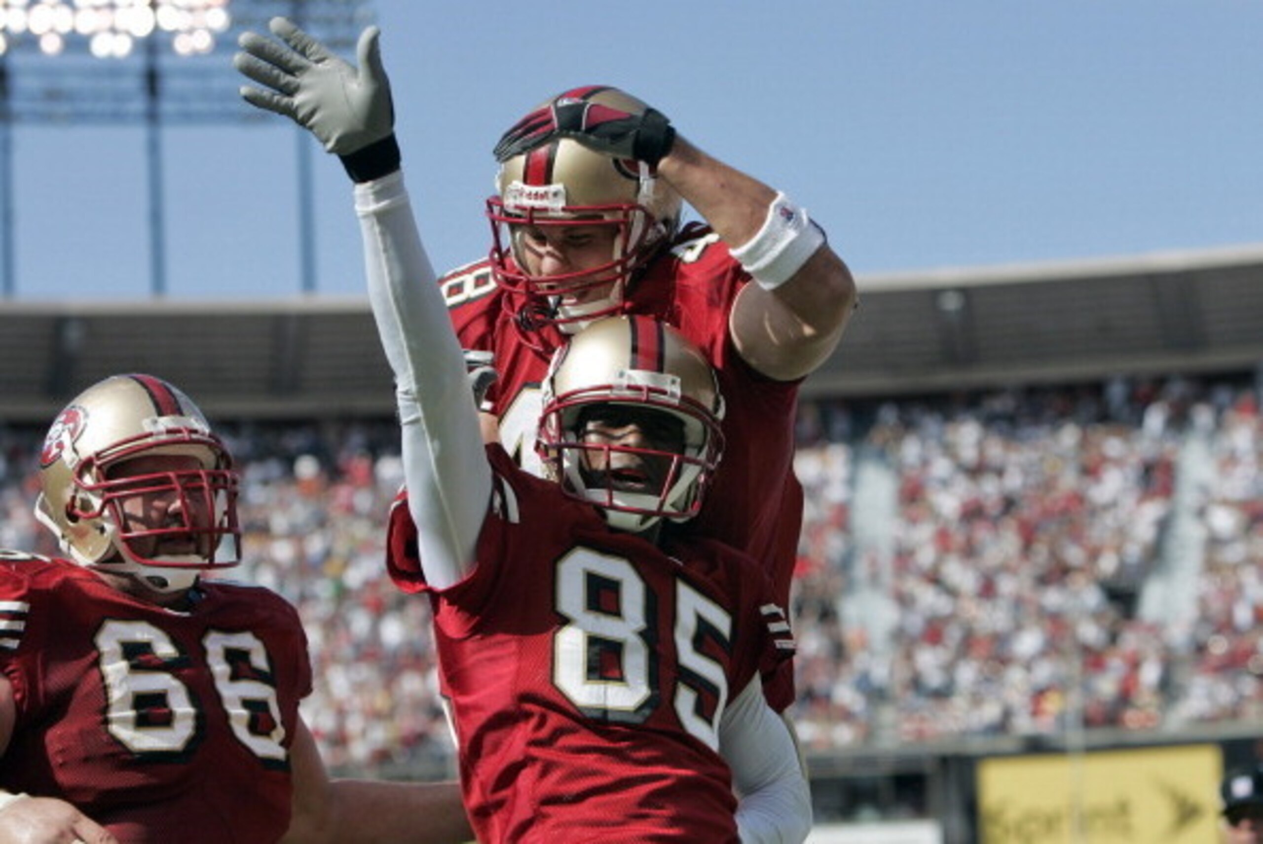 49ers wide receiver Brandon Lloyd celebrates after scoring a touchdown in the third quarter as the Dallas Cowboys defeated the San Francisco 49ers by a score of 34 to 31 at Monster Park, San Francisco, California, September 25, 2005. (Photo by Robert B. S