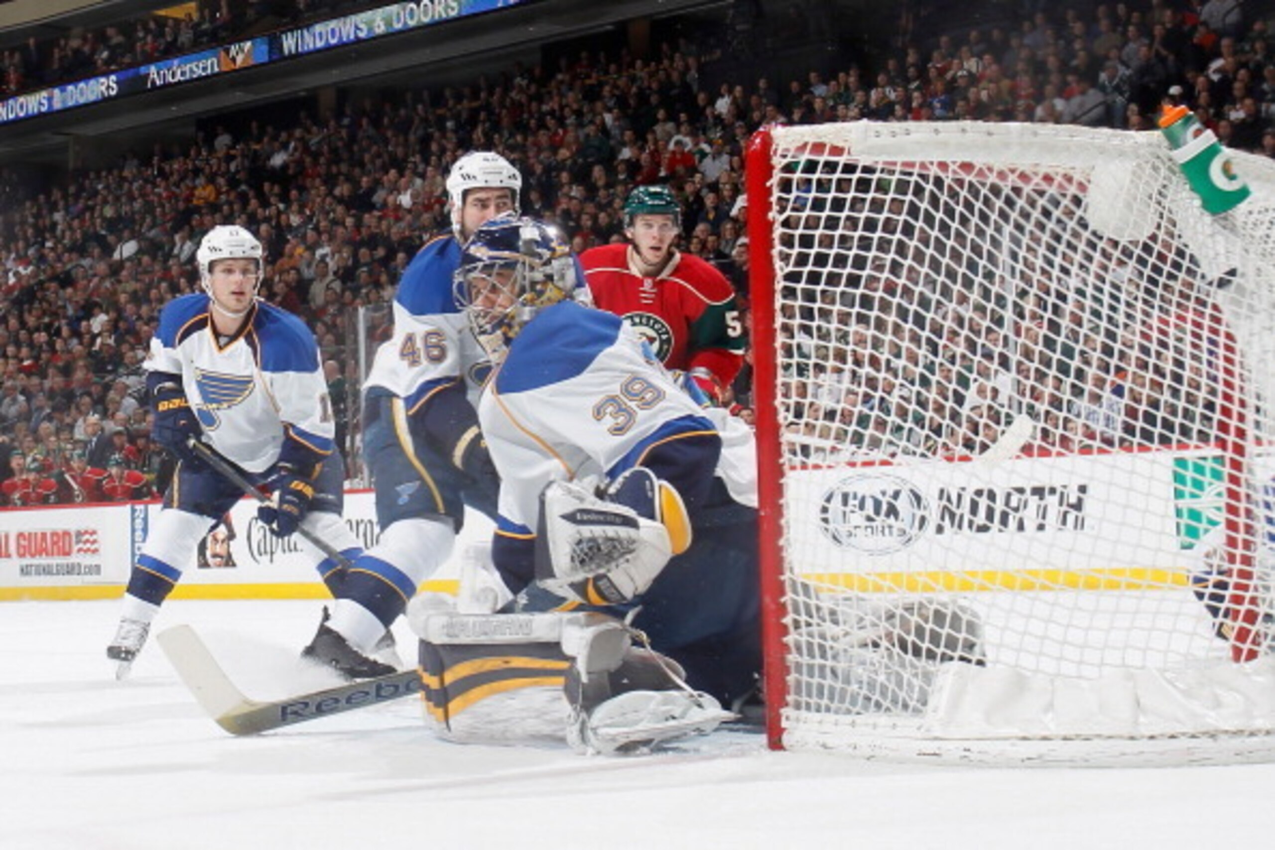 ST. PAUL, MN - APRIL 10:  Ryan Miller #39 of the St. Louis Blues can't make the stop on a goal by Matt Moulson (not pictured) of the Minnesota Wild during the game on April 10, 2014 at the Xcel Energy Center in St. Paul, Minnesota. (Photo by Bruce Kluckho