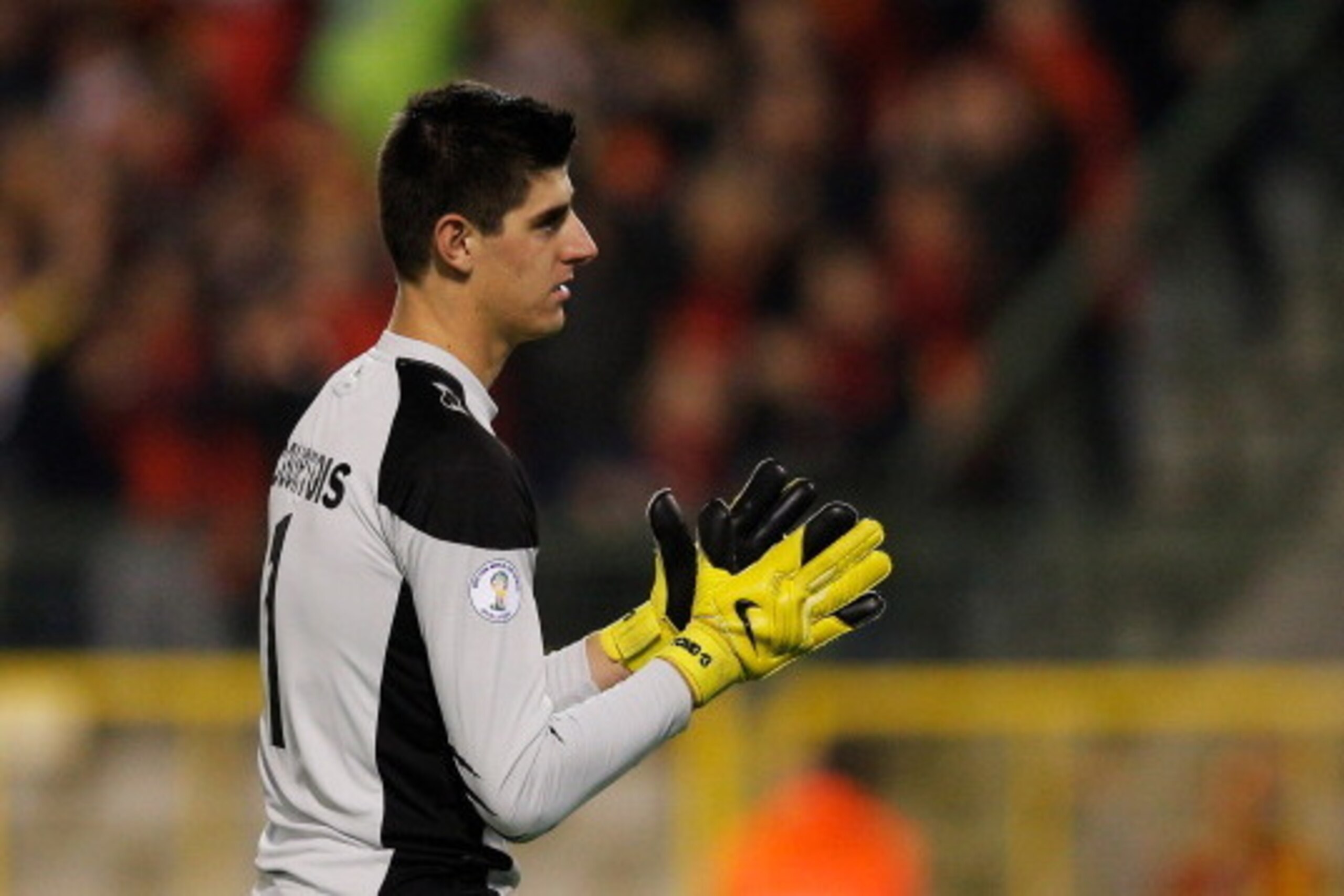 BRUSSELS, BELGIUM - OCTOBER 15:  Goalkeeper, Thibaut Courtois of Belgium in action during the FIFA 2014 World Cup Qualifying Group A match between Belgium and Wales at King Baudouin Stadium on October 15, 2013 in Brussels, Belgium.  (Photo by Dean Mouhtar
