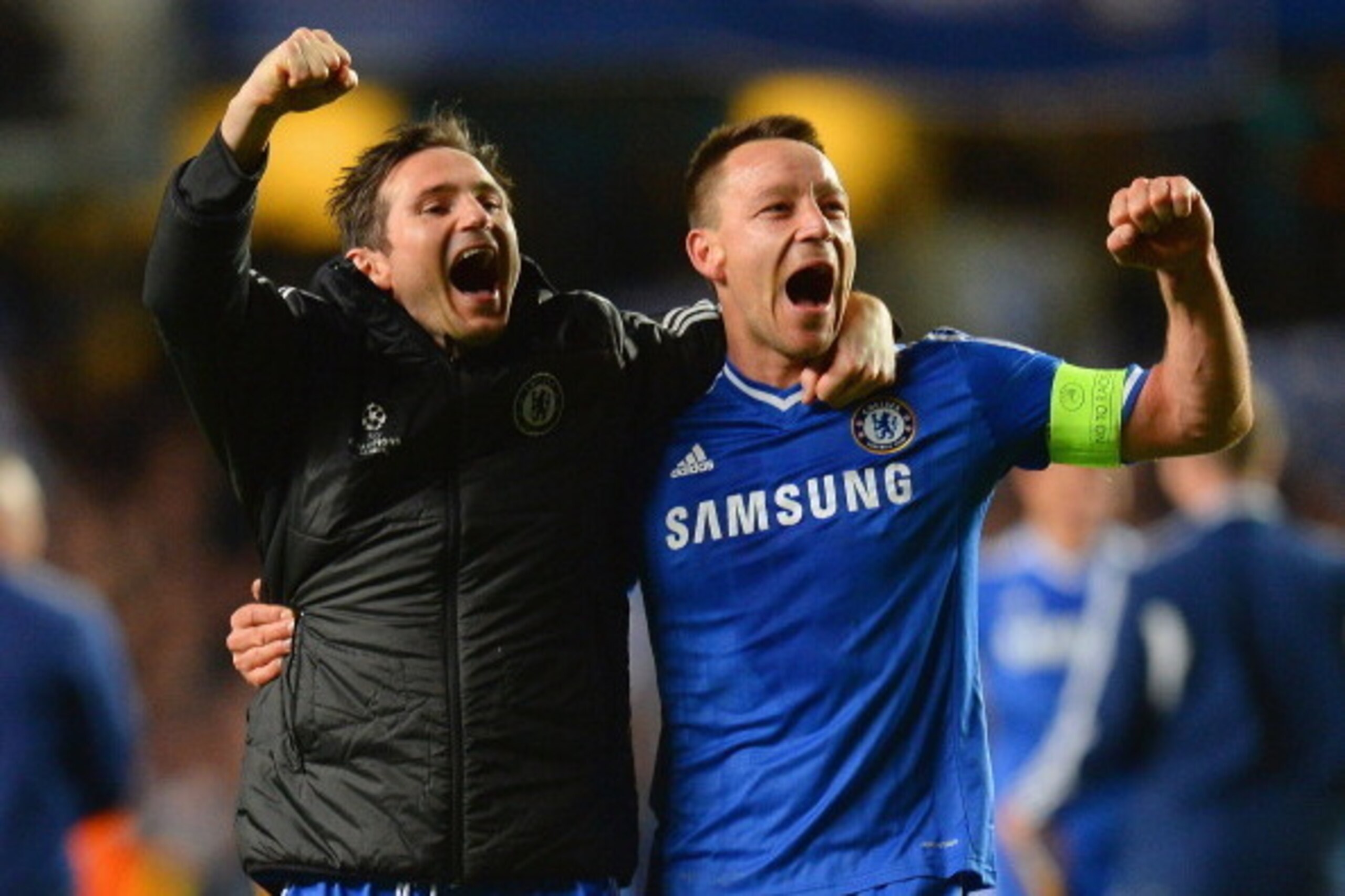 LONDON, ENGLAND - APRIL 08: Frank Lampard and John Terry of Chelsea celebrate victory during the UEFA Champions League Quarter Final second leg match between Chelsea and Paris Saint-Germain FC at Stamford Bridge on April 8, 2014 in London, England.  (Phot