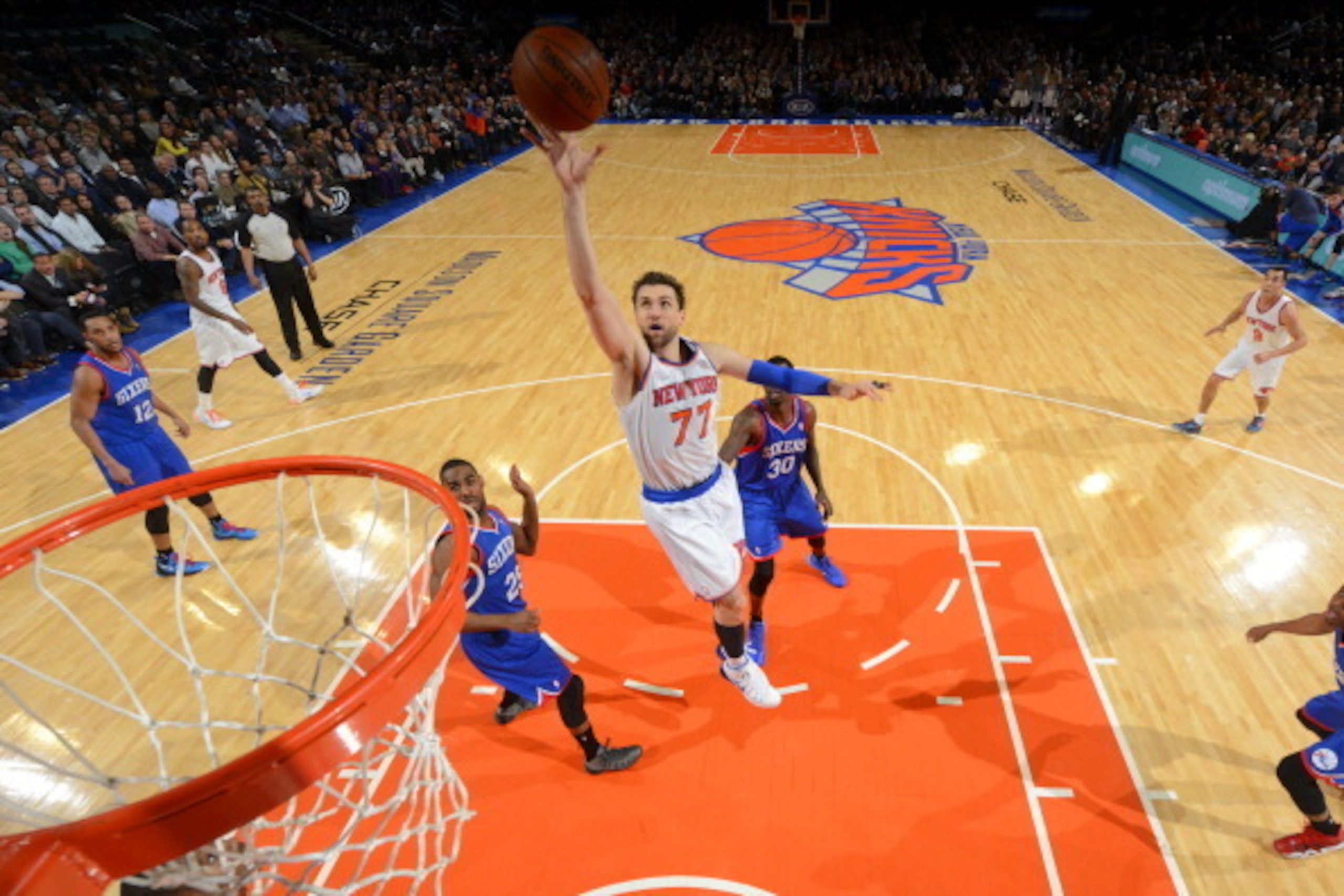 NEW YORK, NY - JANUARY 22: Andrea Bargnani #77 of the New York Knicks shoots against the Philadelphia 76ers during the game on January 22, 2014 at Madison Square Garden in New York City, New York.   NOTE TO USER: User expressly acknowledges and agrees tha